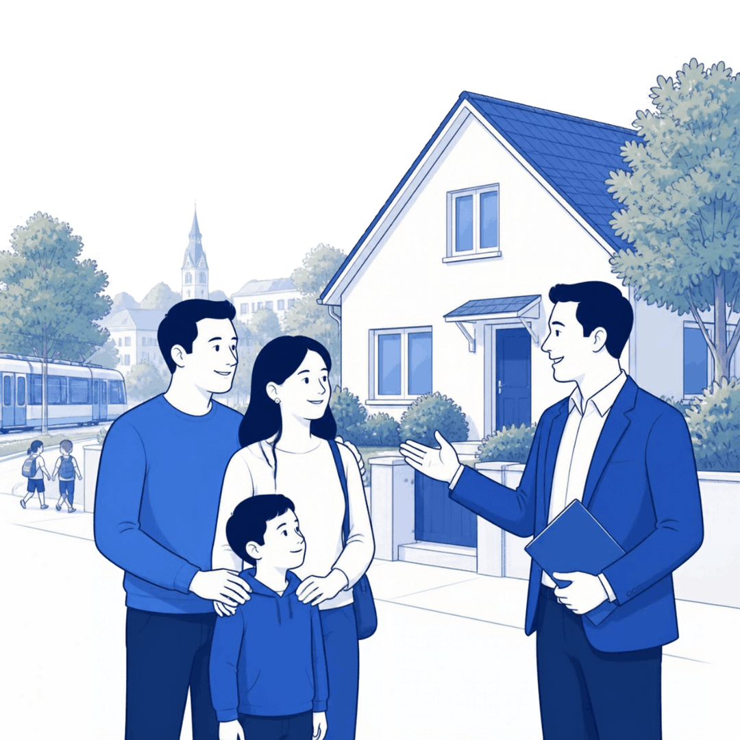 A family of three talking to a real estate agent outside a suburban house with trees and a neighborhood in the background.