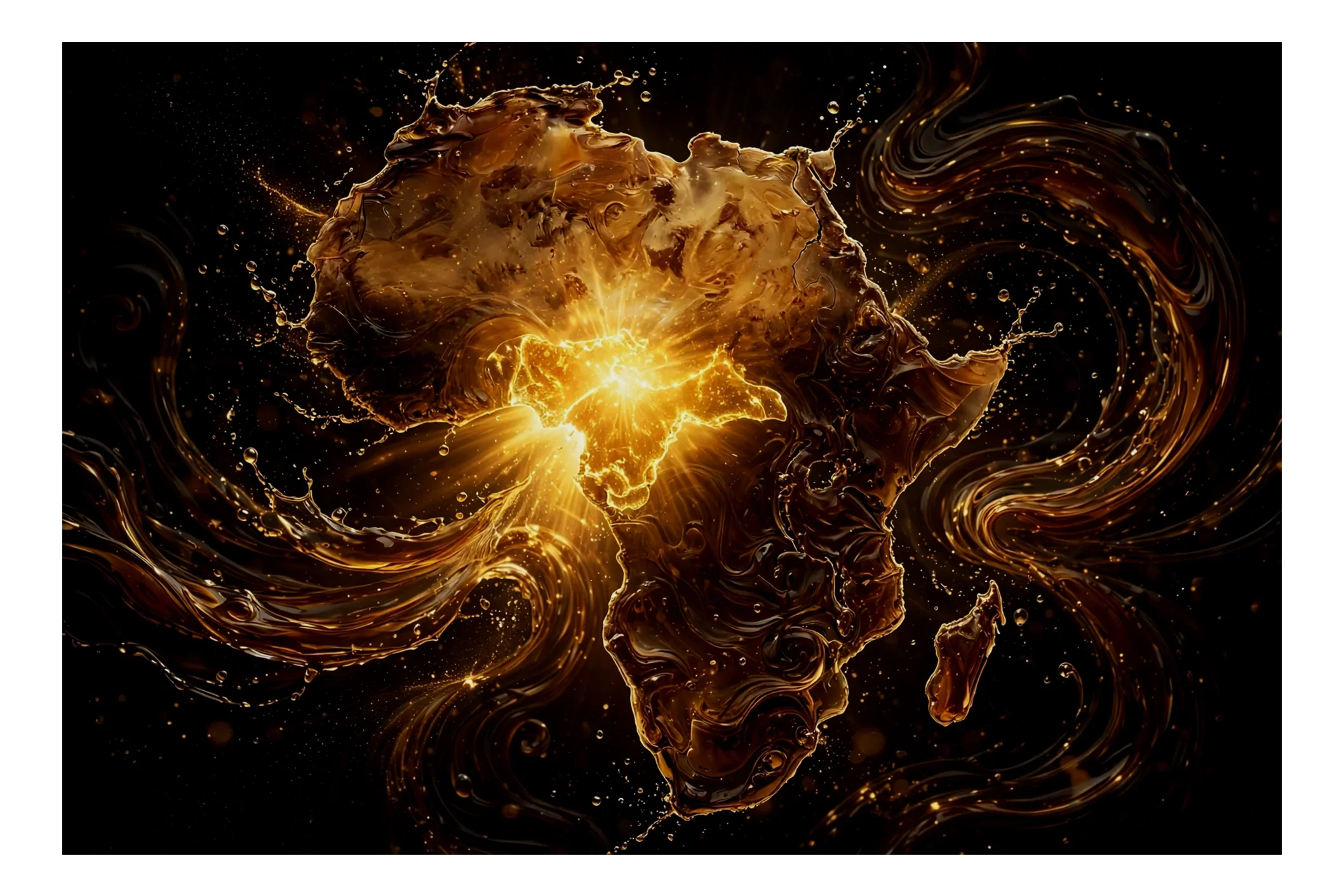 Digital art of the continent of Australia made of swirling gold liquid, with bright gold highlights and a dark background.