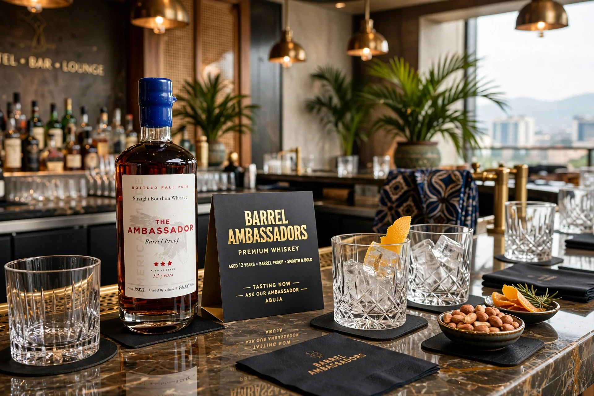 A bar scene featuring a bottle of bourbon whiskey labeled 'The Ambassador,' several empty crystal glasses with ice and lemon slices, a small bowl of peanuts, and promotional signs for whiskey tasting. In the background, there's a bar with bottles and glasses, large potted plants, and windows showing a cityscape.
