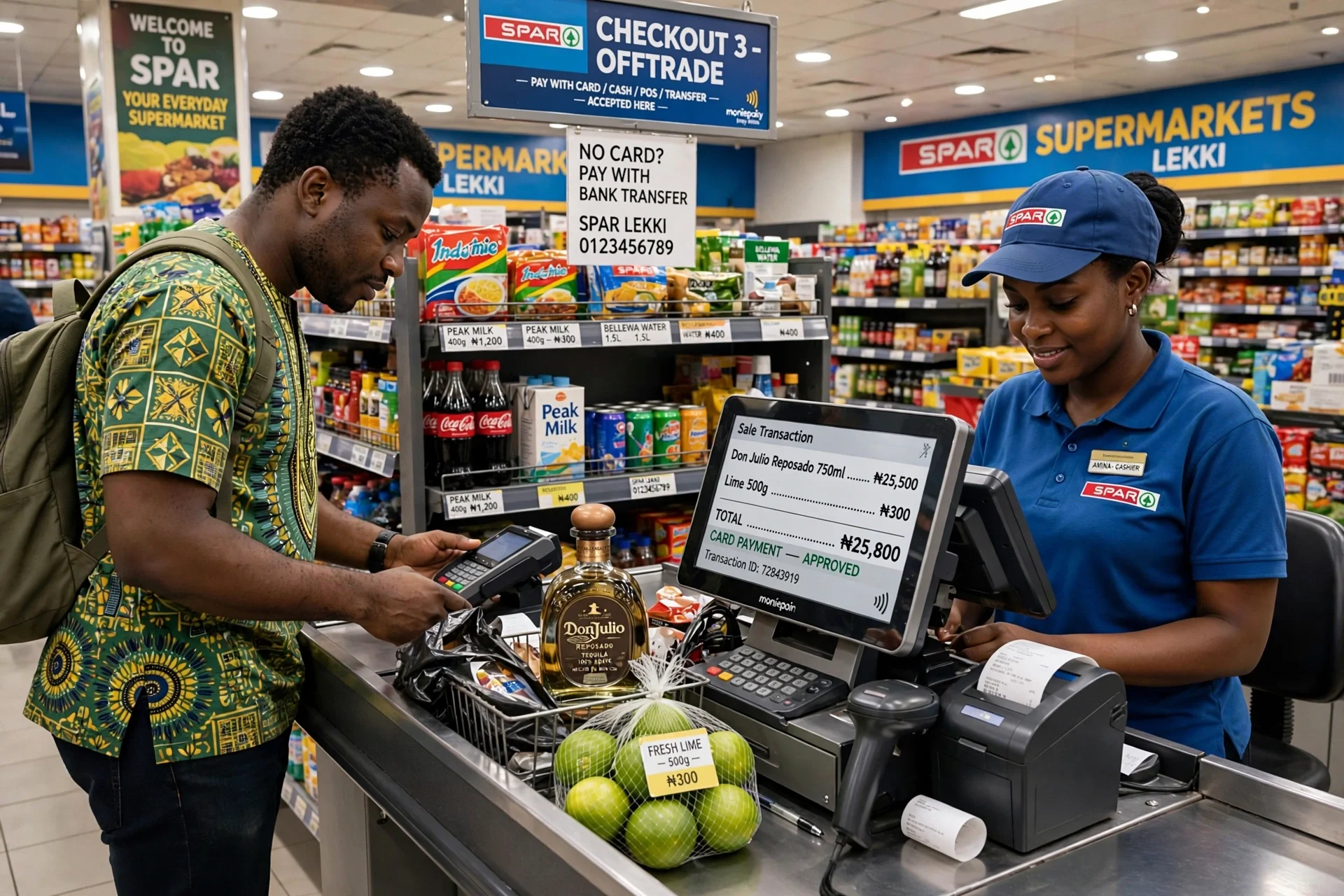 A male customer making a payment at the checkout counter of a SPAR supermarket, with a female cashier smiling behind the register. The checkout display shows a total of 25,800 Naira for a purchase including lime and tequila. The background features supermarket shelves stocked with various products and signs, including one that says 'Welcome to SPAR Your Everyday Supermarket' and another indicating 'Checkout 3 - Offtrade'.