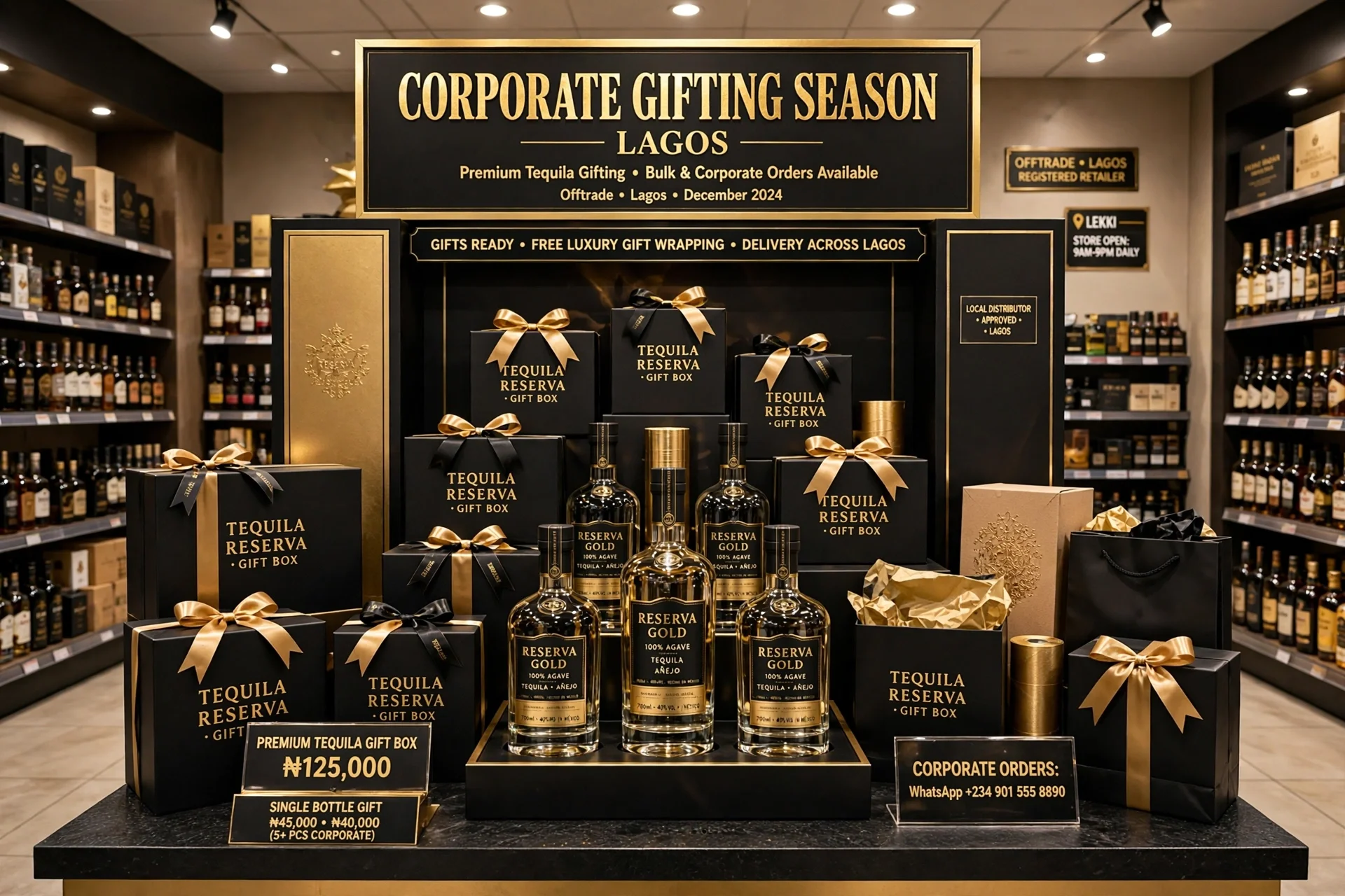 Display of luxury tequila gift boxes and bottles at a retail store promoting corporate gifting season in Lagos, with signs indicating prices and contact information for corporate orders.