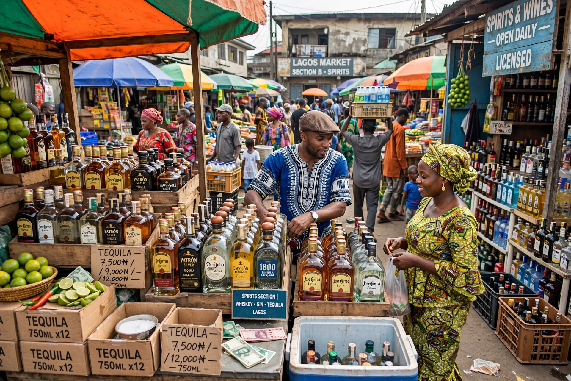 Market scene at Lagos Market Section B with people shopping for spirits and alcohol bottles, colorful umbrellas, and signage indicating liquor prices and alcohol types.