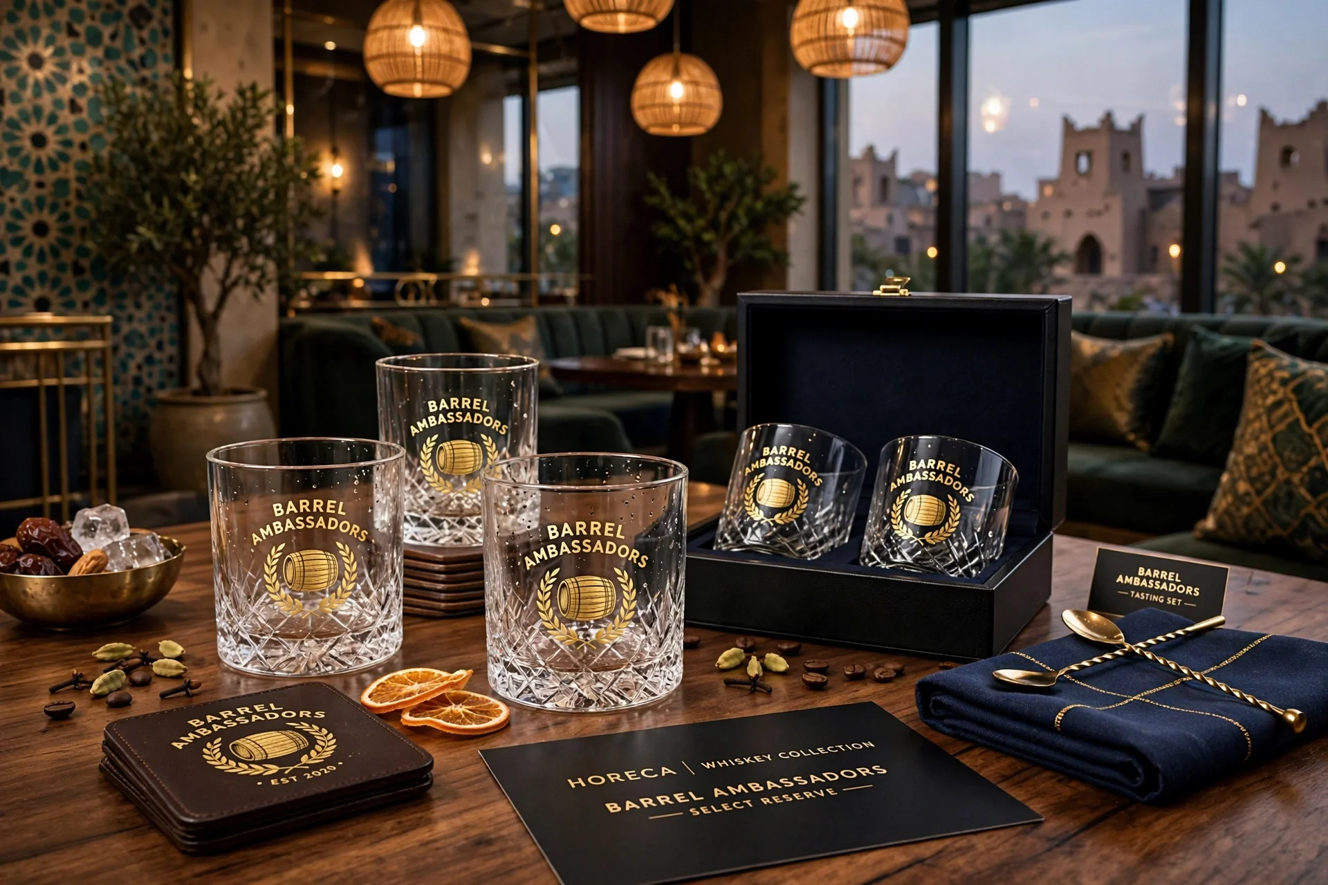 A wooden table with whiskey tasting glasses labeled 'Barrel Ambassadors,' some ice cubes, dried orange slices, and a bowl of mixed nuts. In the background, there are menus and a black box with more whiskey glasses branded 'Barrel Ambassadors,' set in a warmly lit room with large windows showing a cityscape and historic architecture.