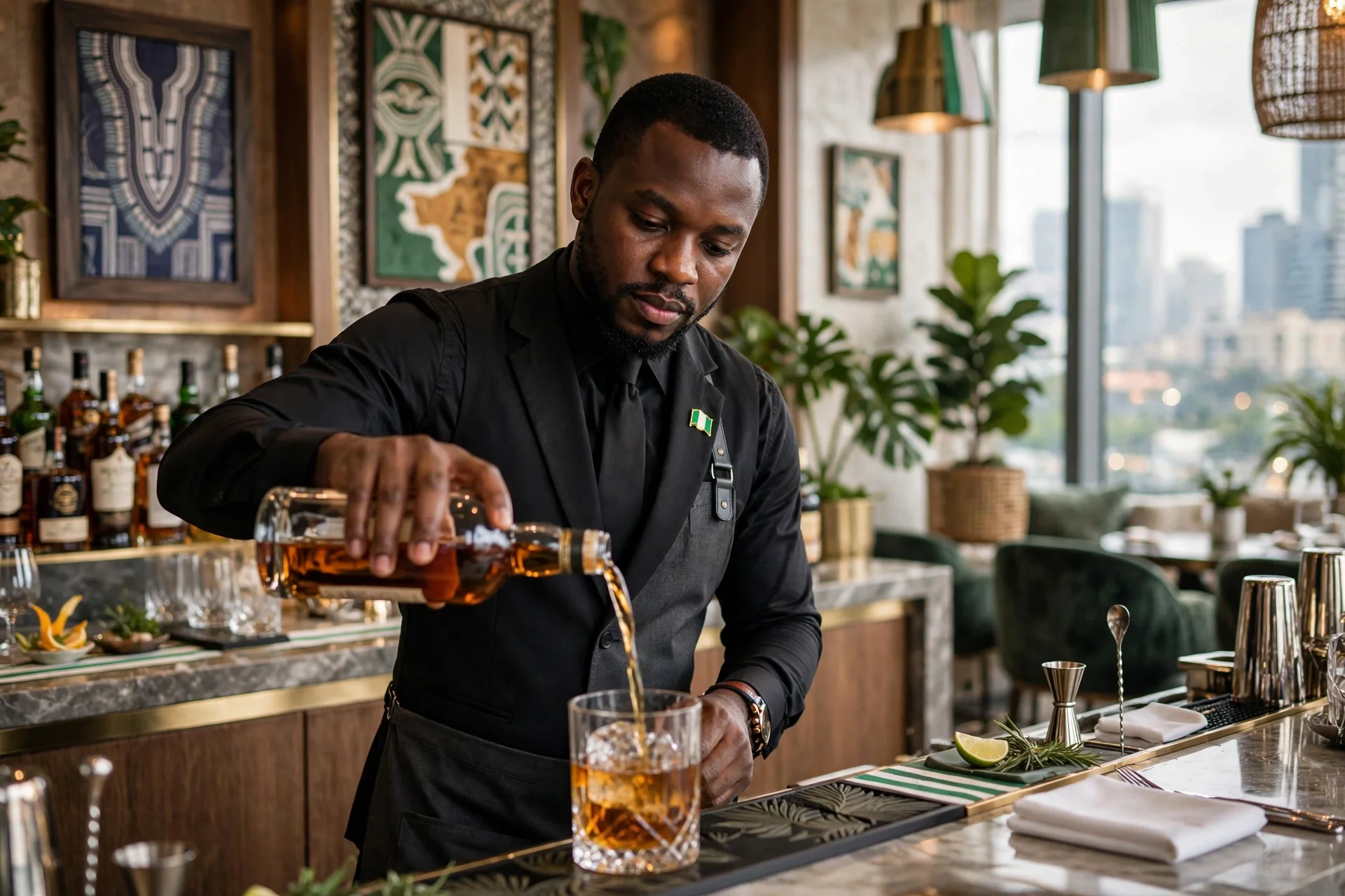 A bartender pouring whiskey into a glass at a bar with art and green plants in the background.