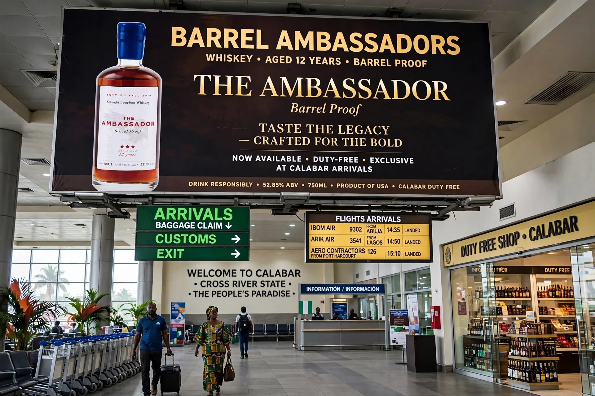 Large airport sign advertising 'The Ambassador' barrel proof bourbon whiskey, aged 12 years, with an image of a whiskey bottle on the left. The sign highlights that the whiskey is now available at Calabar arrivals, duty-free shop.