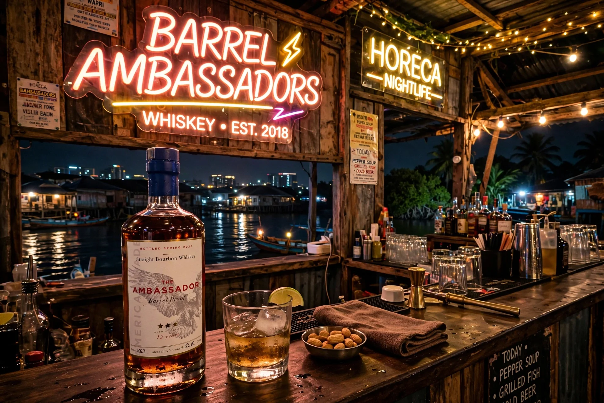 A bar setting at night with neon signs reading 'Barrel Ambassadors Whiskey Est. 2018' and 'Horeca Nightlife.' The bar is made of wood with various bottles of liquor, a glass of whiskey with a lemon slice, a bowl of nuts, and bar tools on the counter. The background shows a waterway with houses and a city skyline illuminated in the distance.