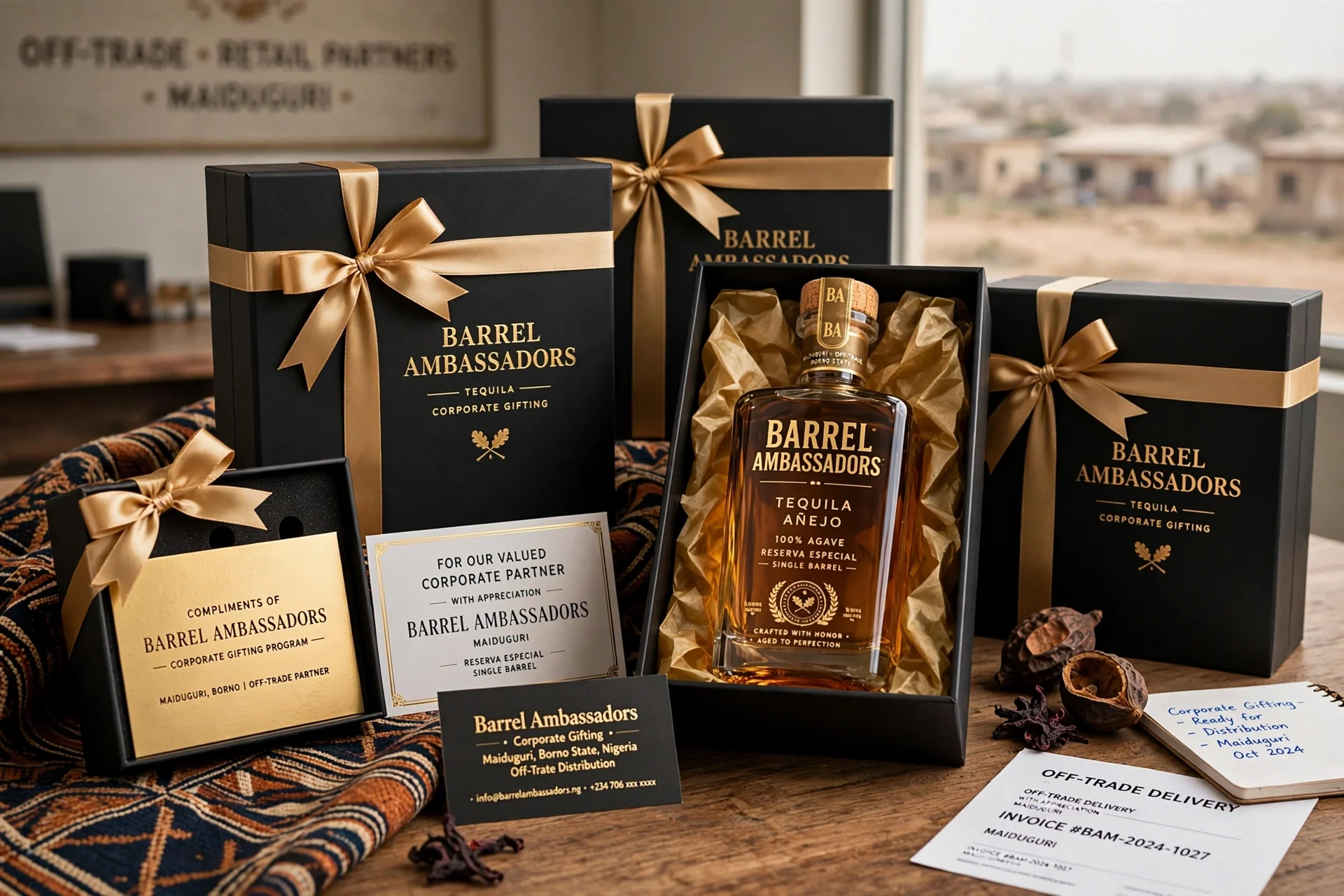 A display of Barrel Ambassadors tequila bottles and branded gift boxes with gold ribbons, accompanied by informational cards on a table with a patterned cloth.