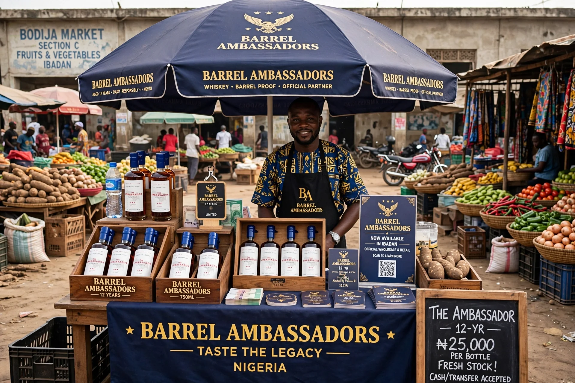 A man standing behind a stall at an outdoor market displaying bottles of whiskey labeled 'Barrel Ambassadors'. There is a large blue umbrella with the brand name and details, and a sign with pricing information for the whiskey. The background shows vendors selling fruits and vegetables at the market.
