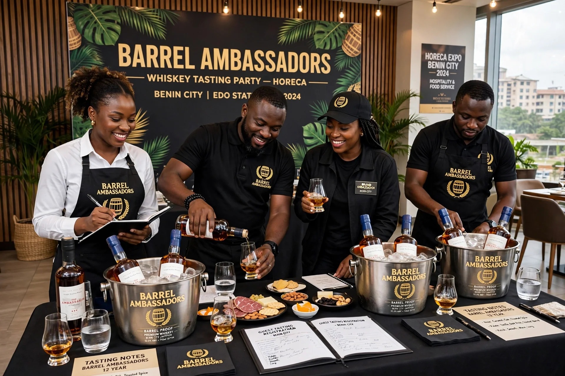 Four people standing behind a table, pouring whiskey into glasses during a whiskey tasting event called Barrel Ambassadors at a whiskey tasting party in Benin City, Edo State, 2024. A large sign with the event name and details in the background, surrounded by plants and dim lighting.