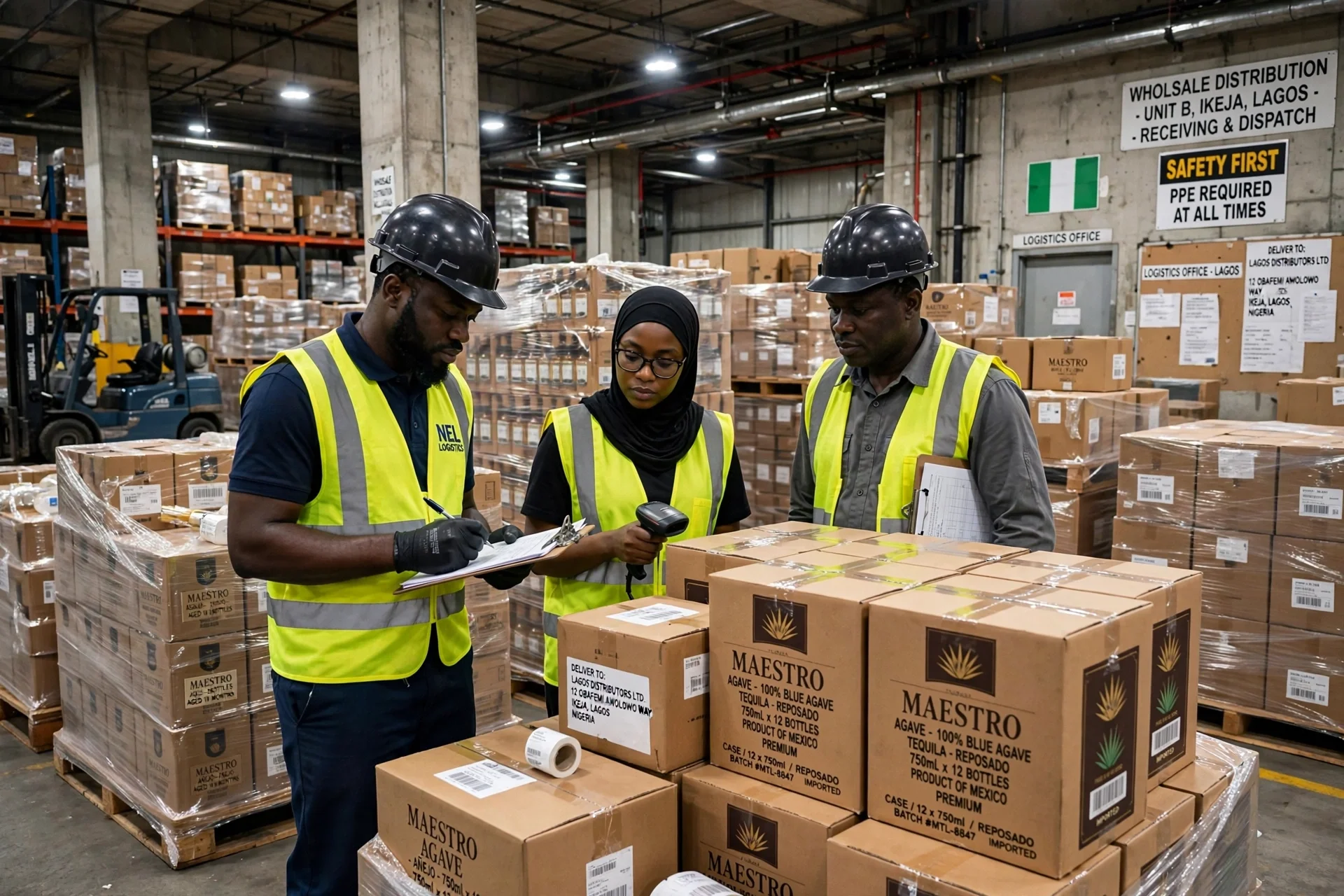 Three warehouse workers wearing black safety helmets and yellow high-visibility vests inspecting boxes of Maestro tequila in a warehouse. They are holding clipboards and a handheld scanner. The warehouse contains shelves filled with boxes and pallets of goods, with signs indicating logistics and safety instructions.