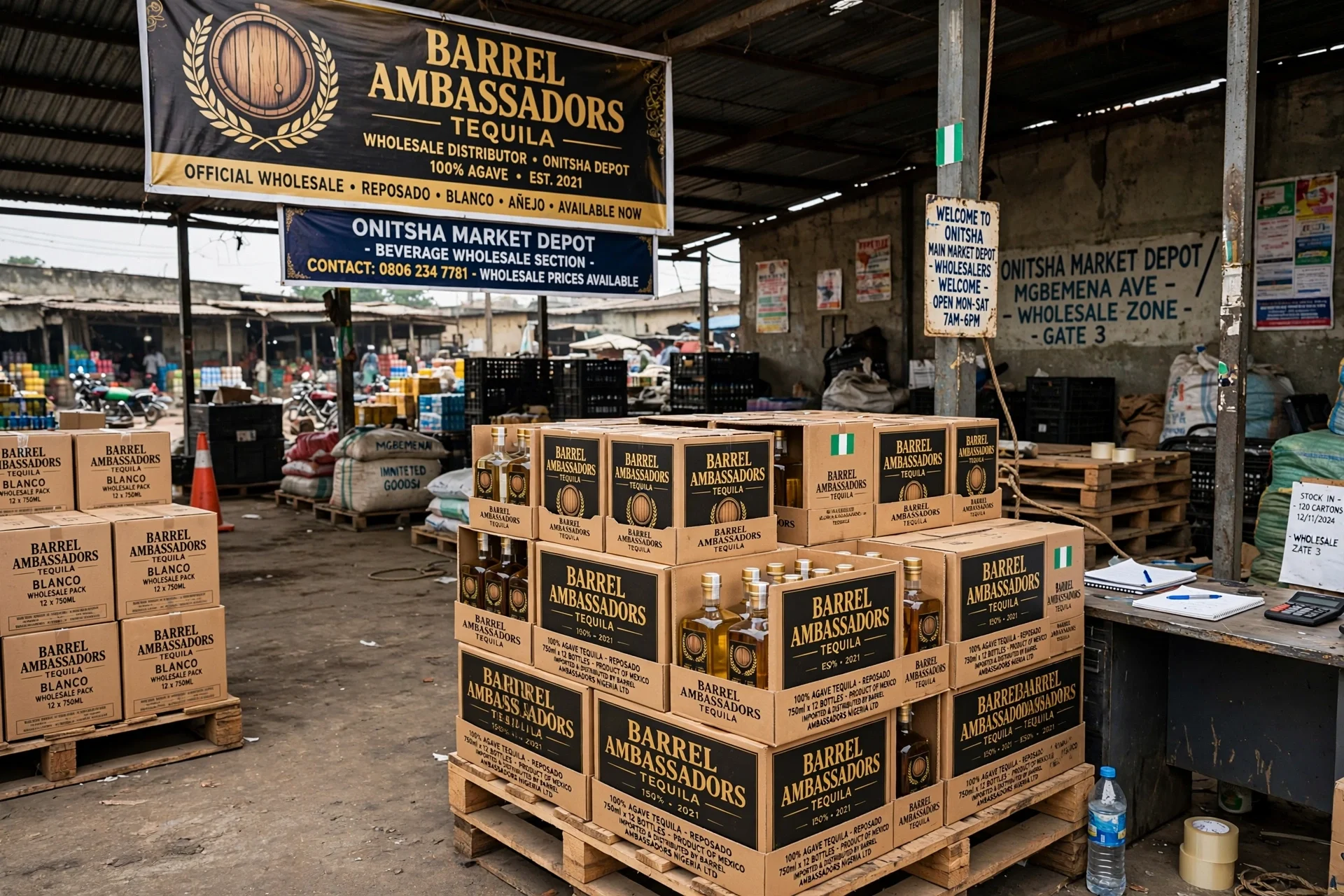 Pallets of barrels labeled 'Barrel Ambassadors Tequila' and boxes of bottles stacked in an open market stall. Signs indicate wholesale tequila distributor, located at Onitsha Market Depot in Nigeria.