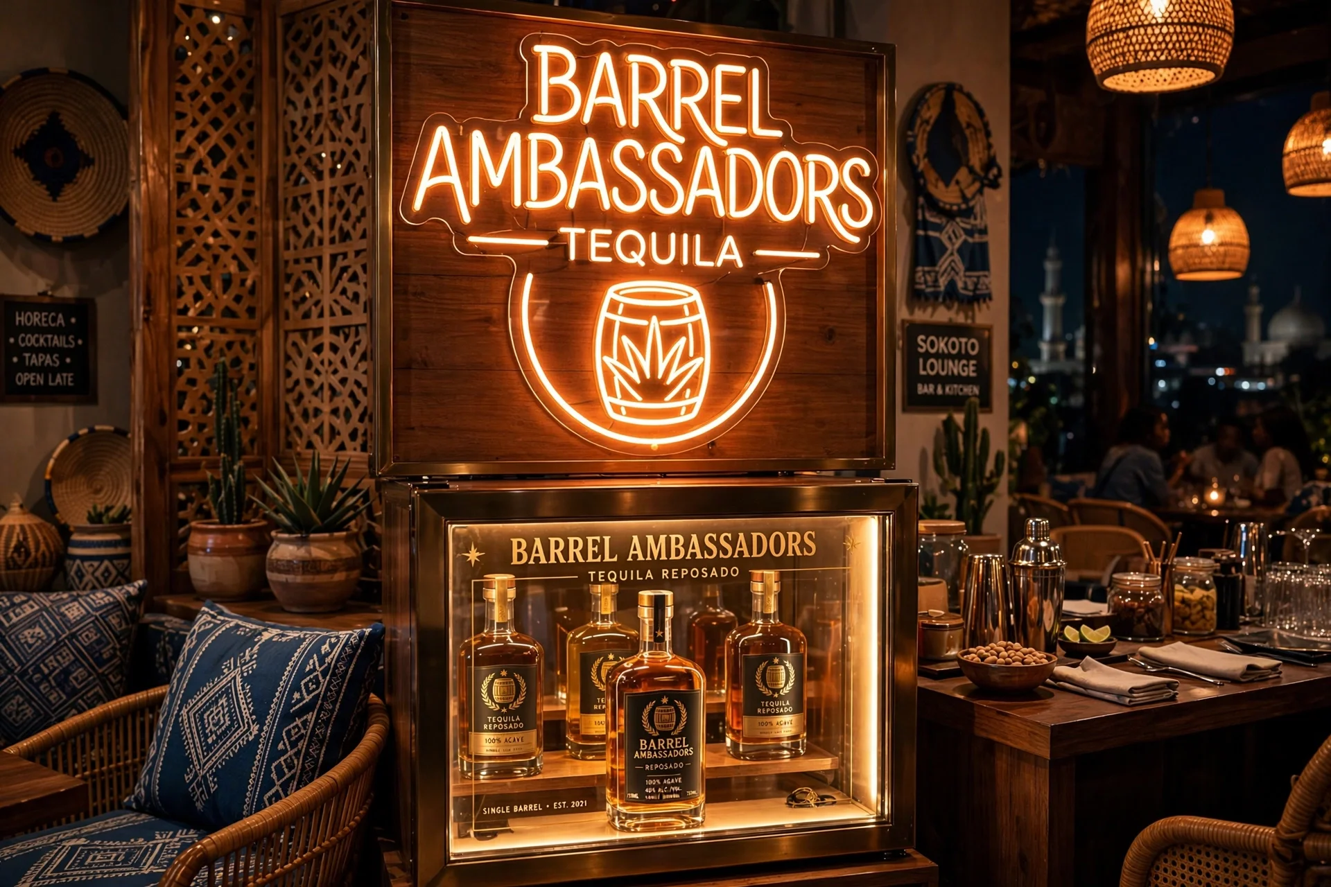 Neon sign reading "Barrel Ambassadors" with a graphic of a tequila barrel and a cannabis leaf. The sign is in a lively bar or restaurant with wooden decor, plants, and people in the background.