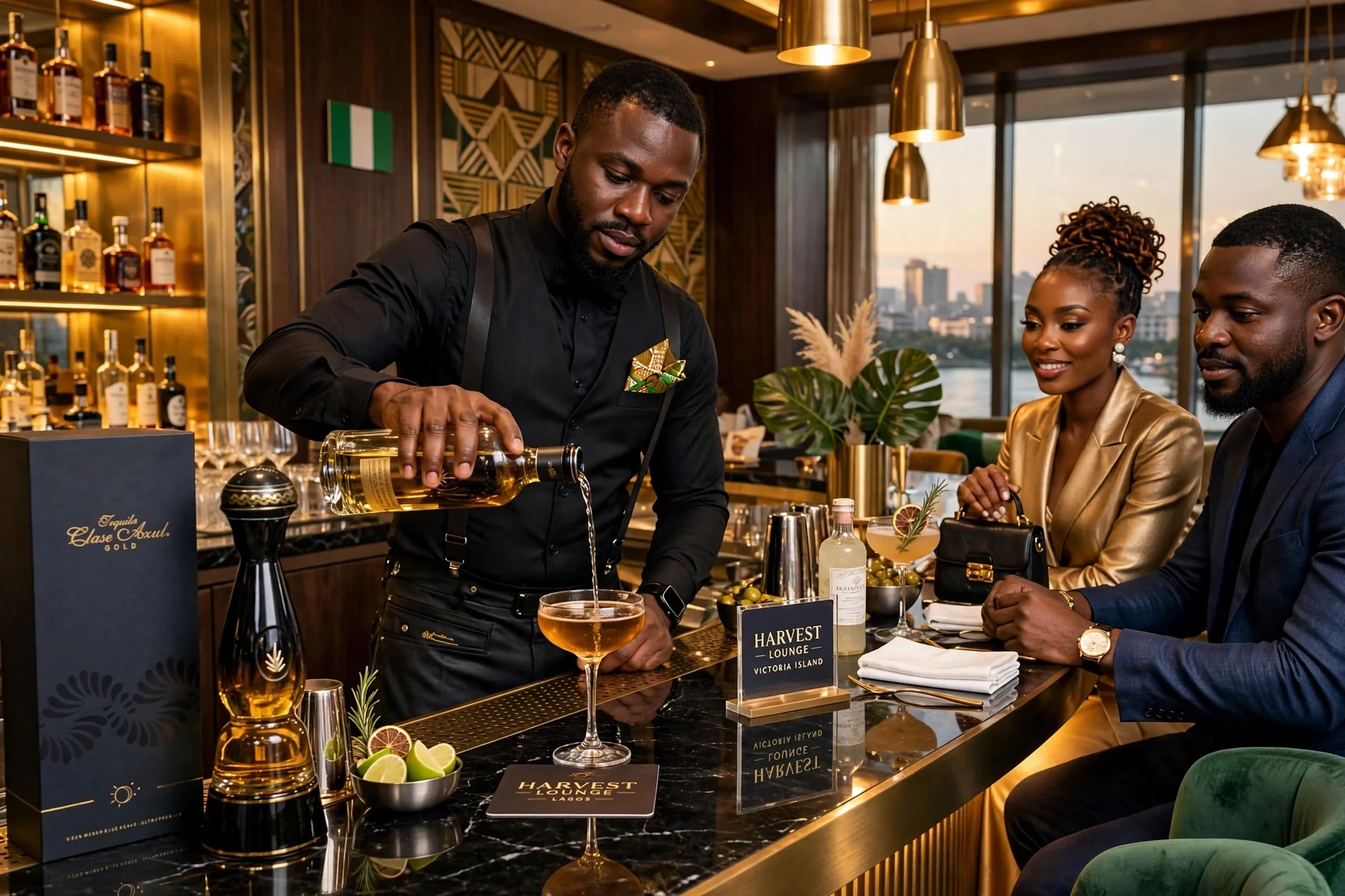 A bartender pouring a drink into a cocktail glass at a bar with bottles of alcohol on the shelves behind him. Two customers, a woman in gold attire and a man in a dark suit, are seated at the bar, enjoying their drinks. The bar has a luxurious decor with gold accents, plants, and large windows showing a cityscape.