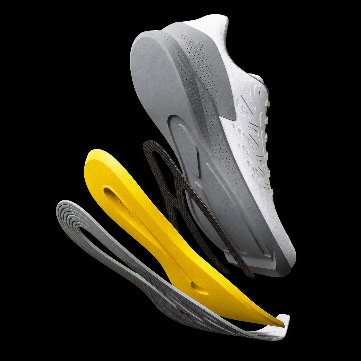 Deconstructed running shoe displaying upper, midsole, and sole components in yellow, black, gray, and white.