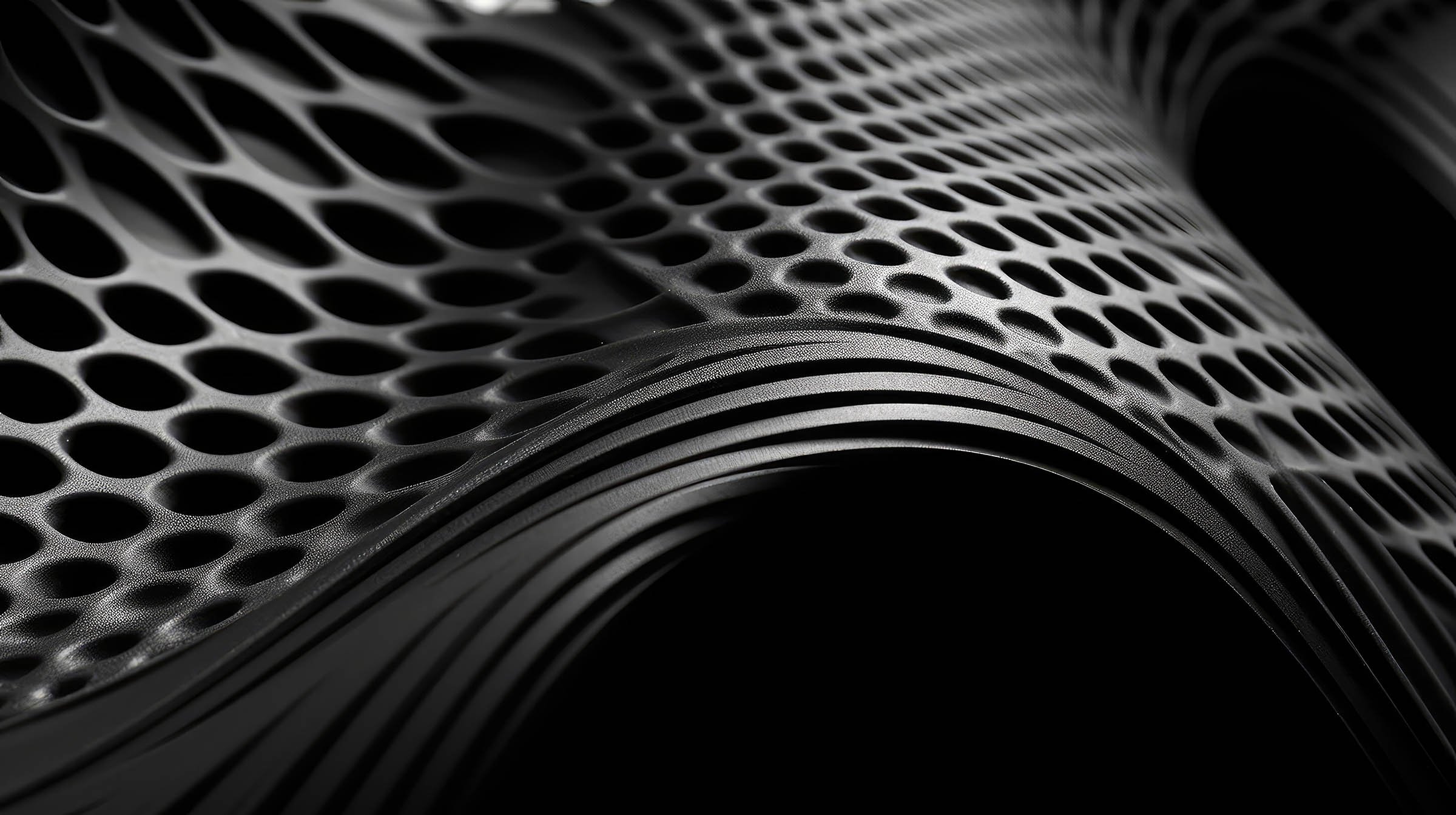 Close-up of a foam surface with a pattern of round holes and curved lines, creating an abstract geometric design