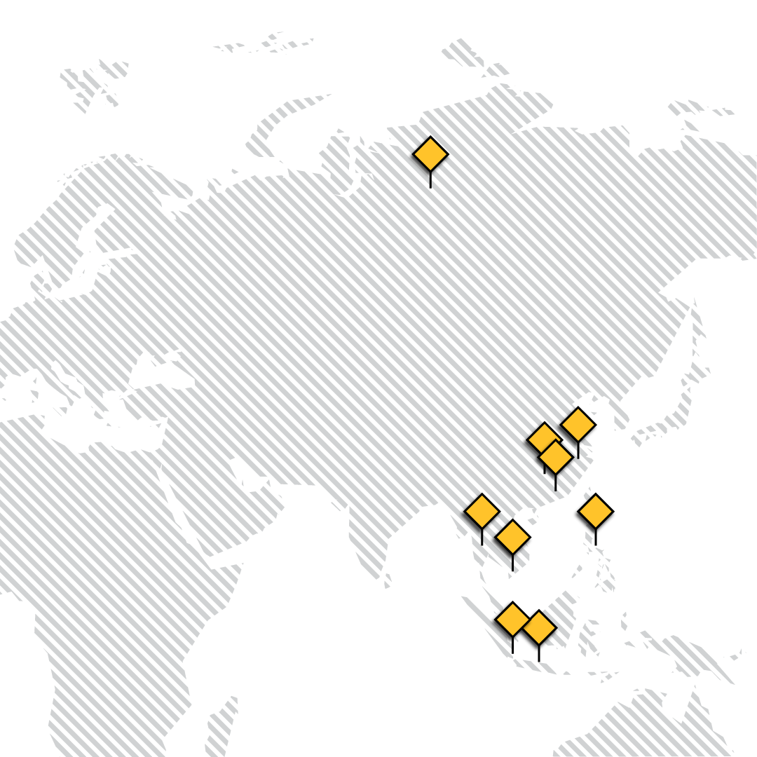 Map of Asia with multiple yellow markers indicating locations.