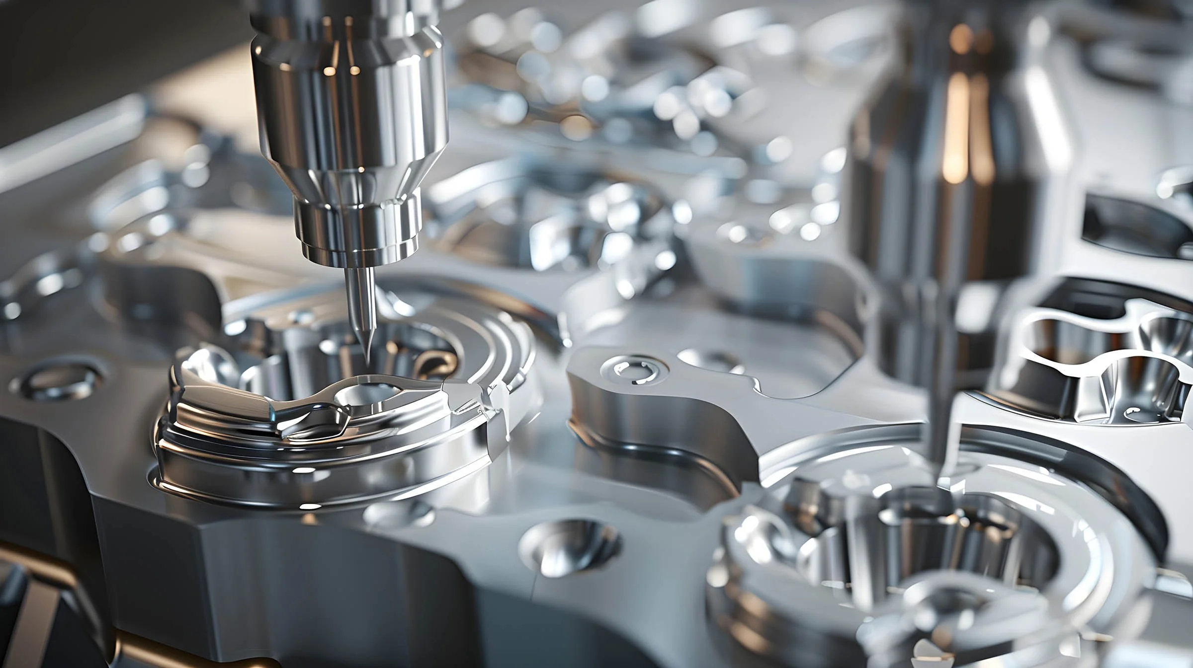 Close-up view of a metallic mechanical component, part of a machine or engine, with intricate details and reflections.