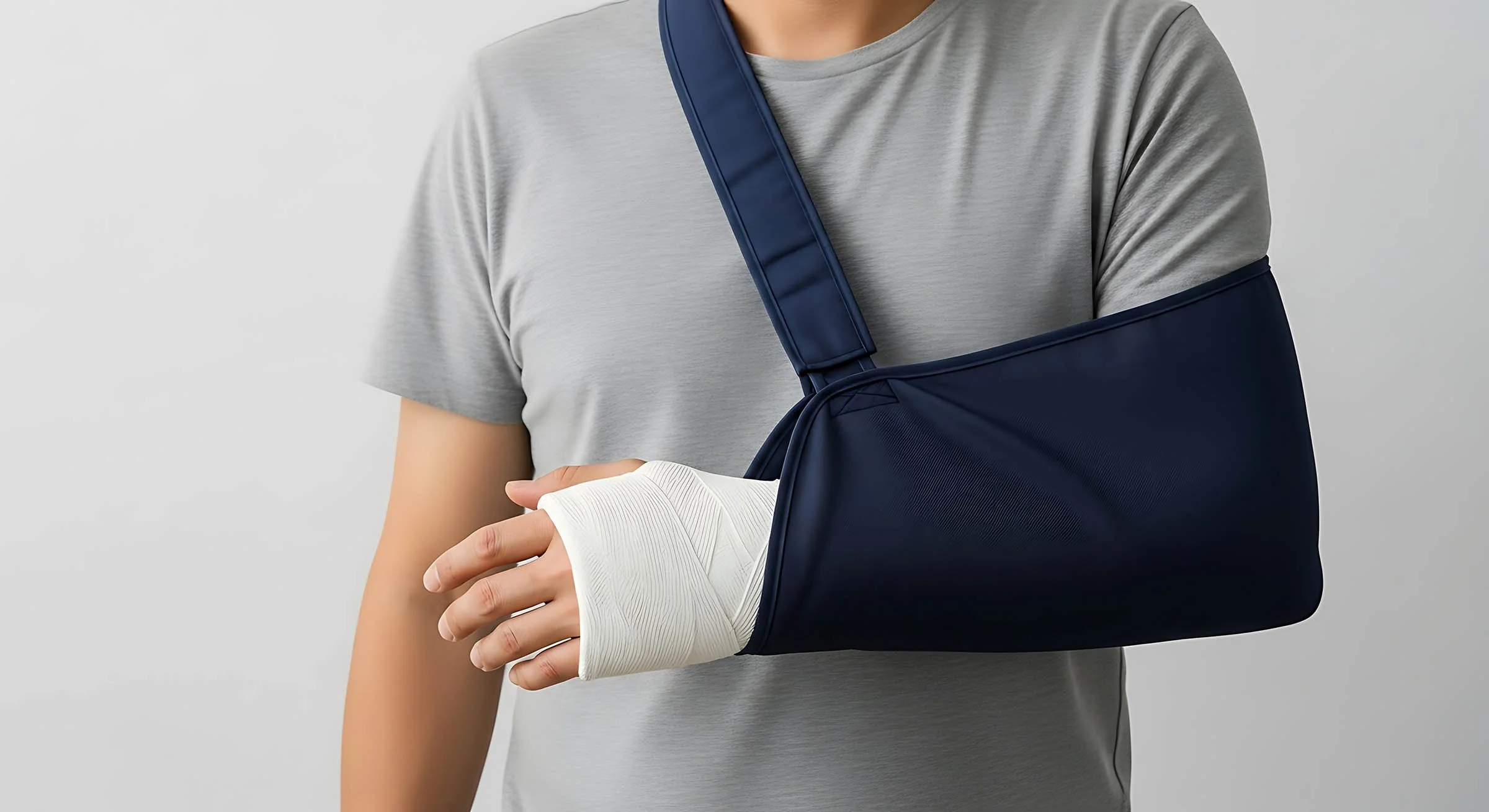 Person with a gray t-shirt and a blue medical arm sling, with a bandaged hand, standing against a plain gray background.
