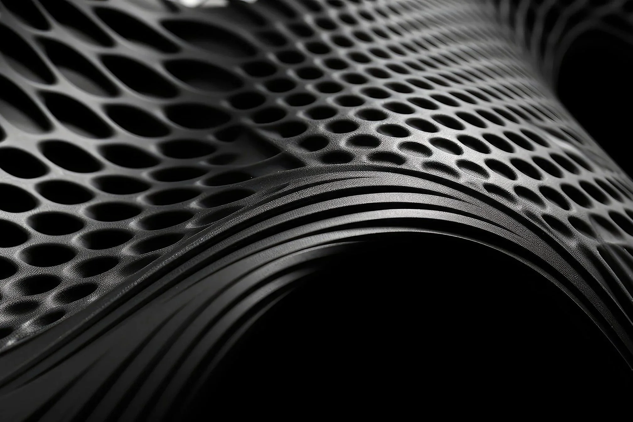 Close-up of a textured, black, perforated foam surface with flowing, layered patterns.