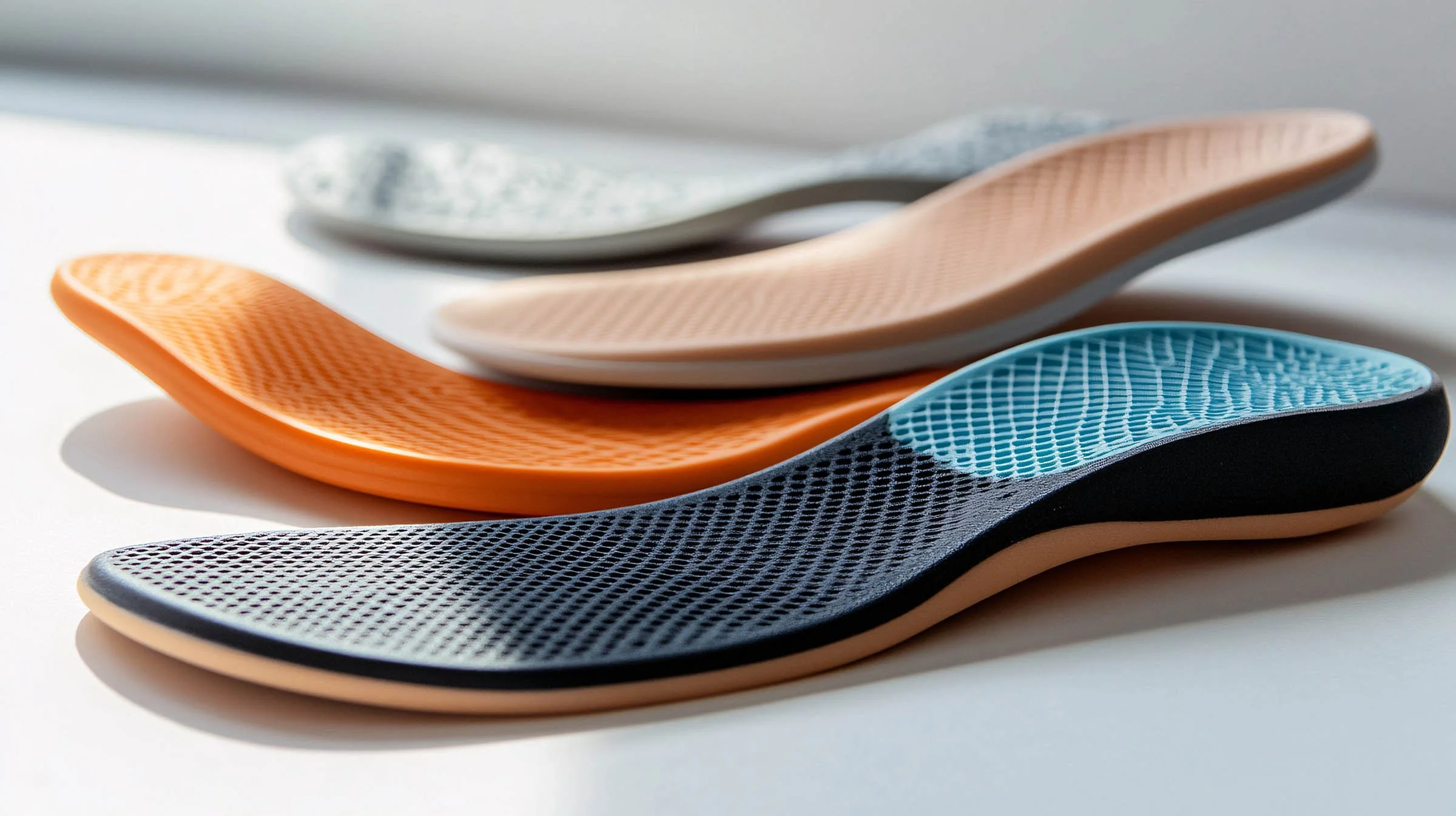 Stacked colorful insoles with textured surfaces in orange, gray, beige, blue, and black colors.