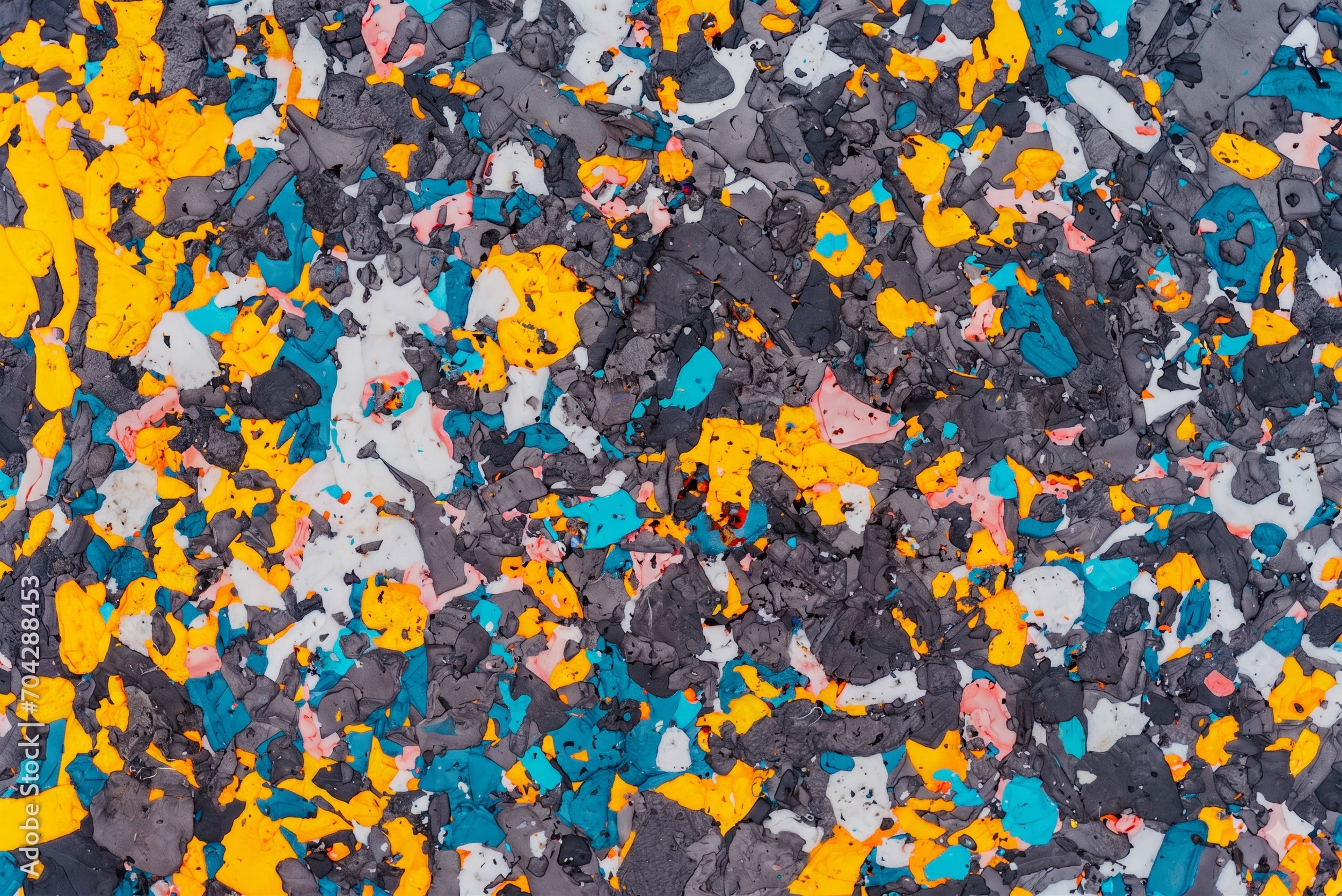 Close-up view of multicolored crushed rubber chips in various shades of yellow, orange, blue, white, pink, and black.