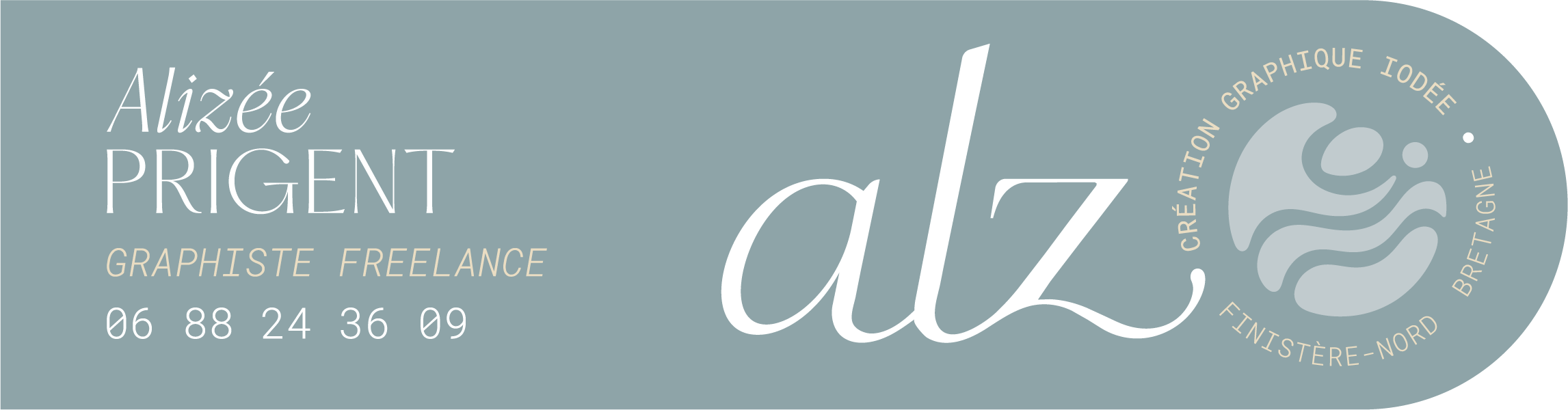 Carte de visite avec le nom Alizée Prigent, graphiste freelance, numéro de téléphone 06 88 24 36 09, logo graphique abstrait, couleurs gris et beige.