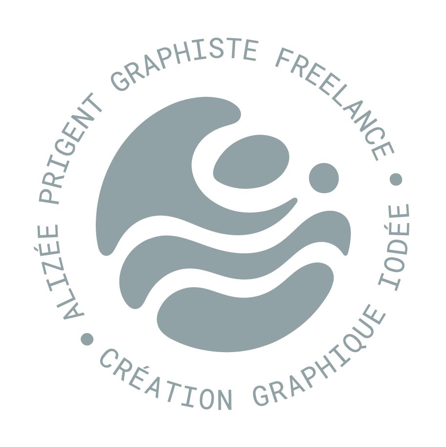 Logo circulaire avec un graphique abstrait représentant une vague ou une stylisation de l'eau, entouré de texte en français mentionnant "Alliance Prêt à l'emploi Graphiste Freelance Création Graphique IODEE".