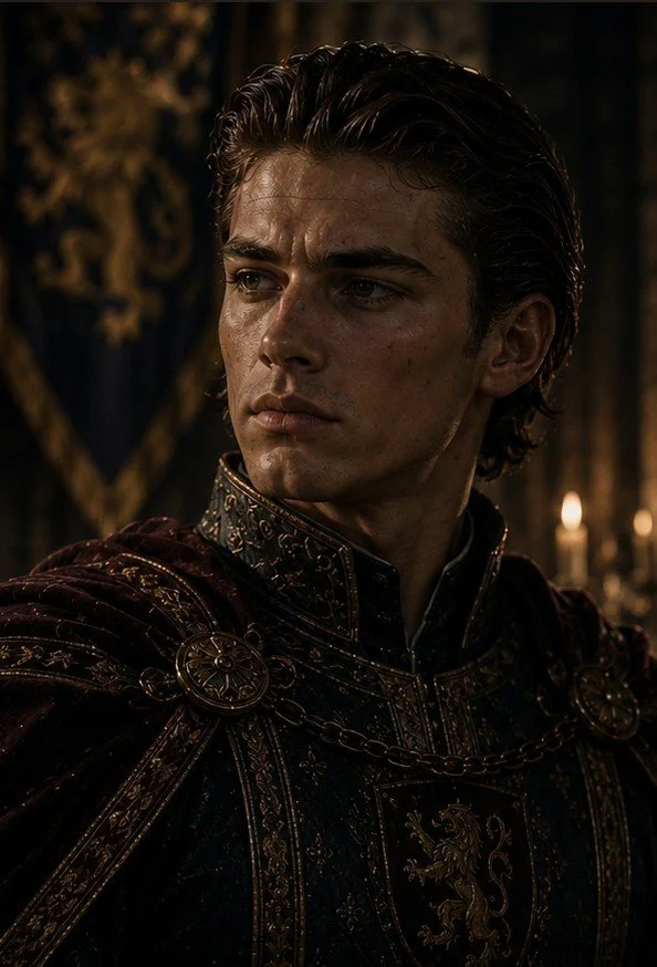 A young man with dark, slightly wavy hair and a serious expression, dressed in ornate medieval armor with gold embroidery, standing in a dimly lit room with lit candles in the background.