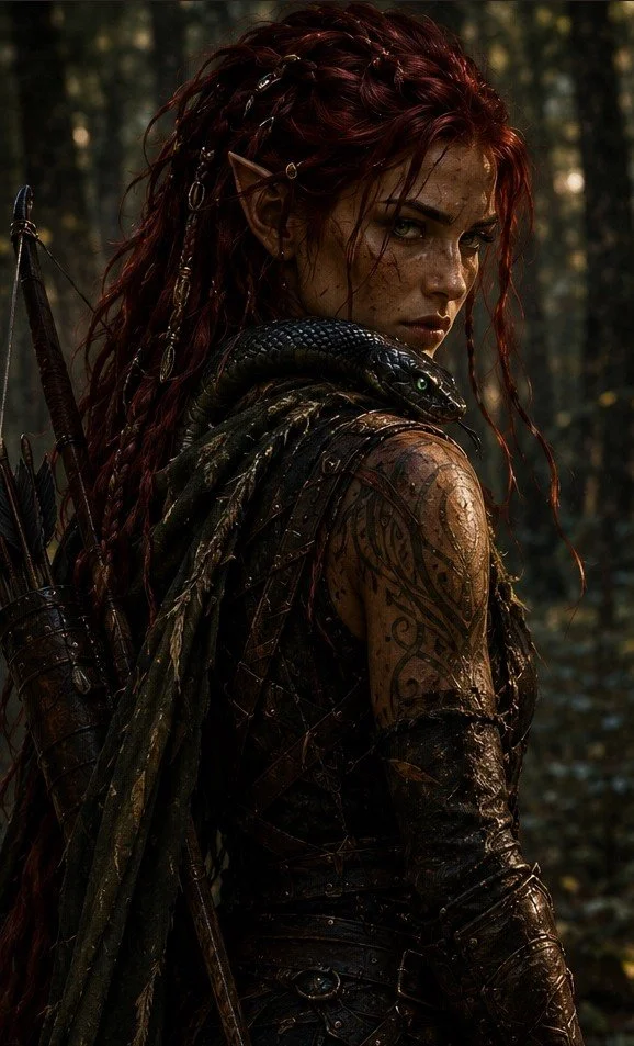 A woman with pointed elf-like ears and red braided hair, standing in a forest, with a snake wrapped around her shoulder.