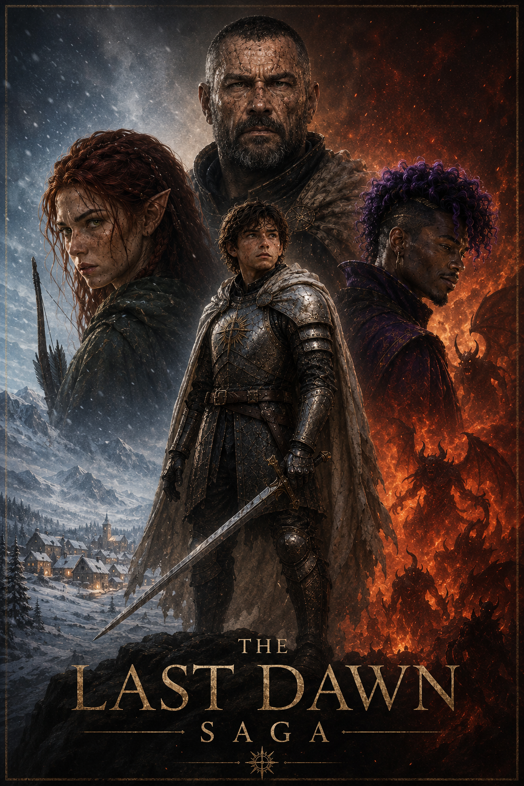 Poster for 'The Last Dawn Saga' featuring four fantasy characters, a snowy village backdrop on the left, and fiery demon figures on the right.