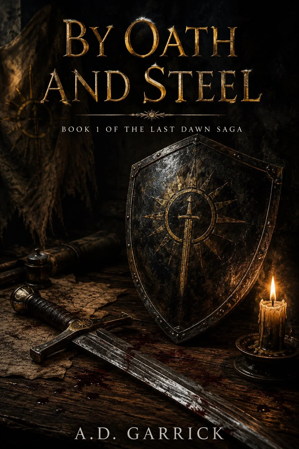 A book cover titled 'By Oath and Steel' by A.D. Garrick, featuring a medieval-style shield with a sword emblem, a sword with a black handle, and a lit candle on a wooden surface.