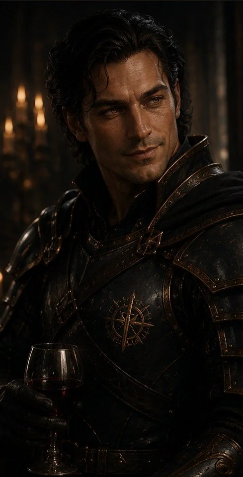 A man in dark medieval armor holding a glass of red wine looks to the side in a dimly lit setting.