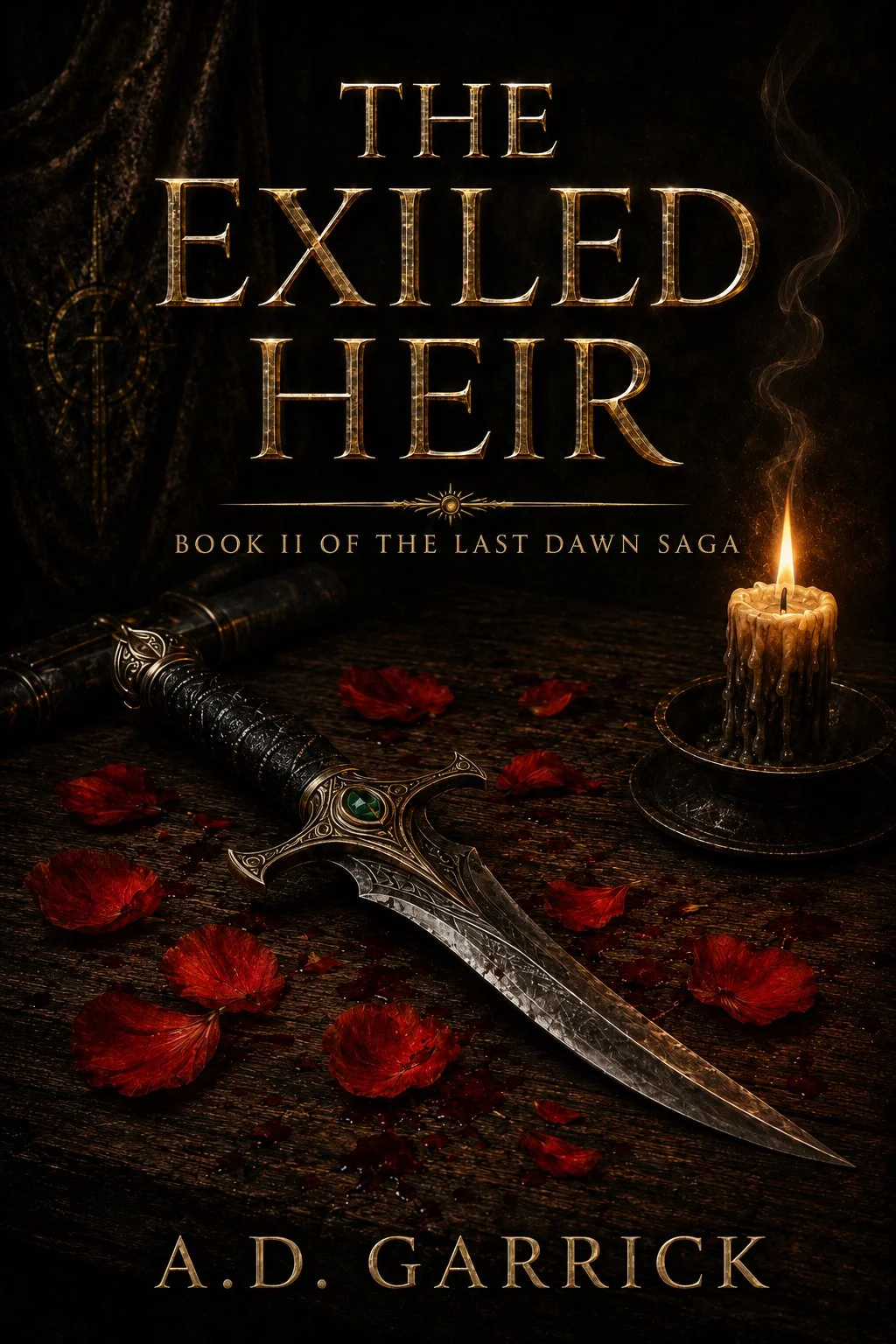 The book cover for "The Exiled Heir," book two of The Last Dawn Saga, featuring a dark background with a lit candle, a detailed dagger with a green gem, red flower petals, and the title in gold lettering.