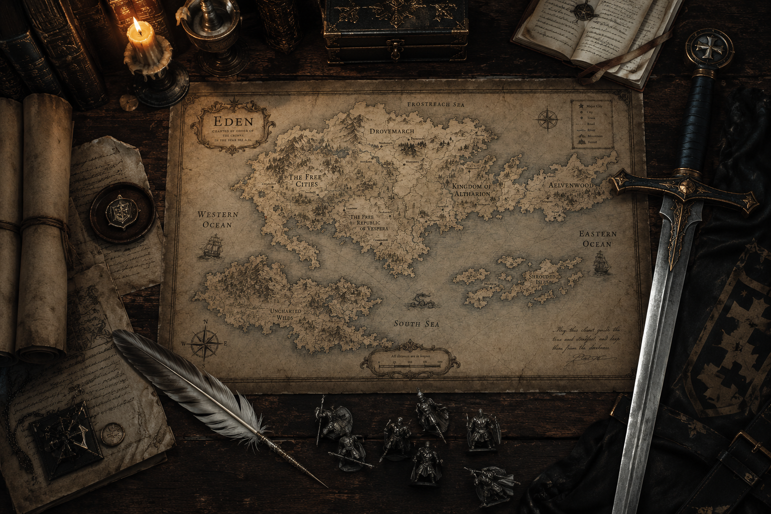 A vintage, illustrated fantasy map of a fictional world named Eden, surrounded by seas and oceans, with various regions and cities labeled, on a rustic wooden table. The table also has a medieval sword, miniature figurines, candles, maps, and other game or fantasy-related items.