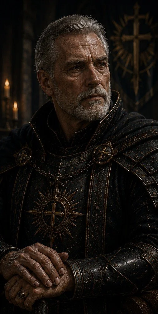 An older man with gray hair and beard dressed in dark medieval armor with gold accents, sitting with clasped hands, in a dimly lit room with candles and a medieval-style cross in the background.