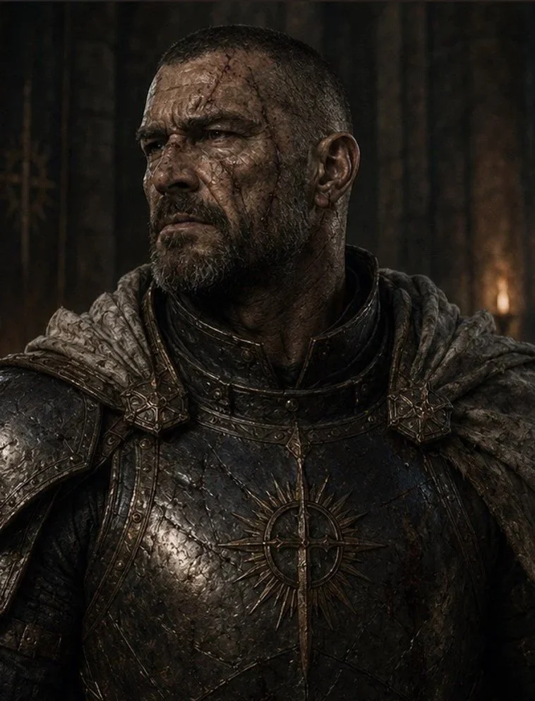 A man dressed as a medieval warrior with a scarred face, wearing dark armor with a sun and moon emblem on his chest, standing in a dimly lit forest.
