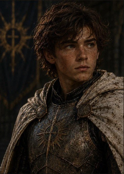 Young man dressed in medieval armor with a cape, standing in a dimly lit setting with a shield emblem in the background.