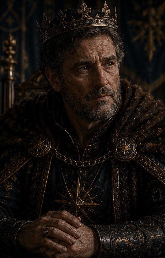 A man dressed as a king with a crown, sitting with hands clasped, wearing dark royal robes with intricate gold details, in a dimly lit setting.