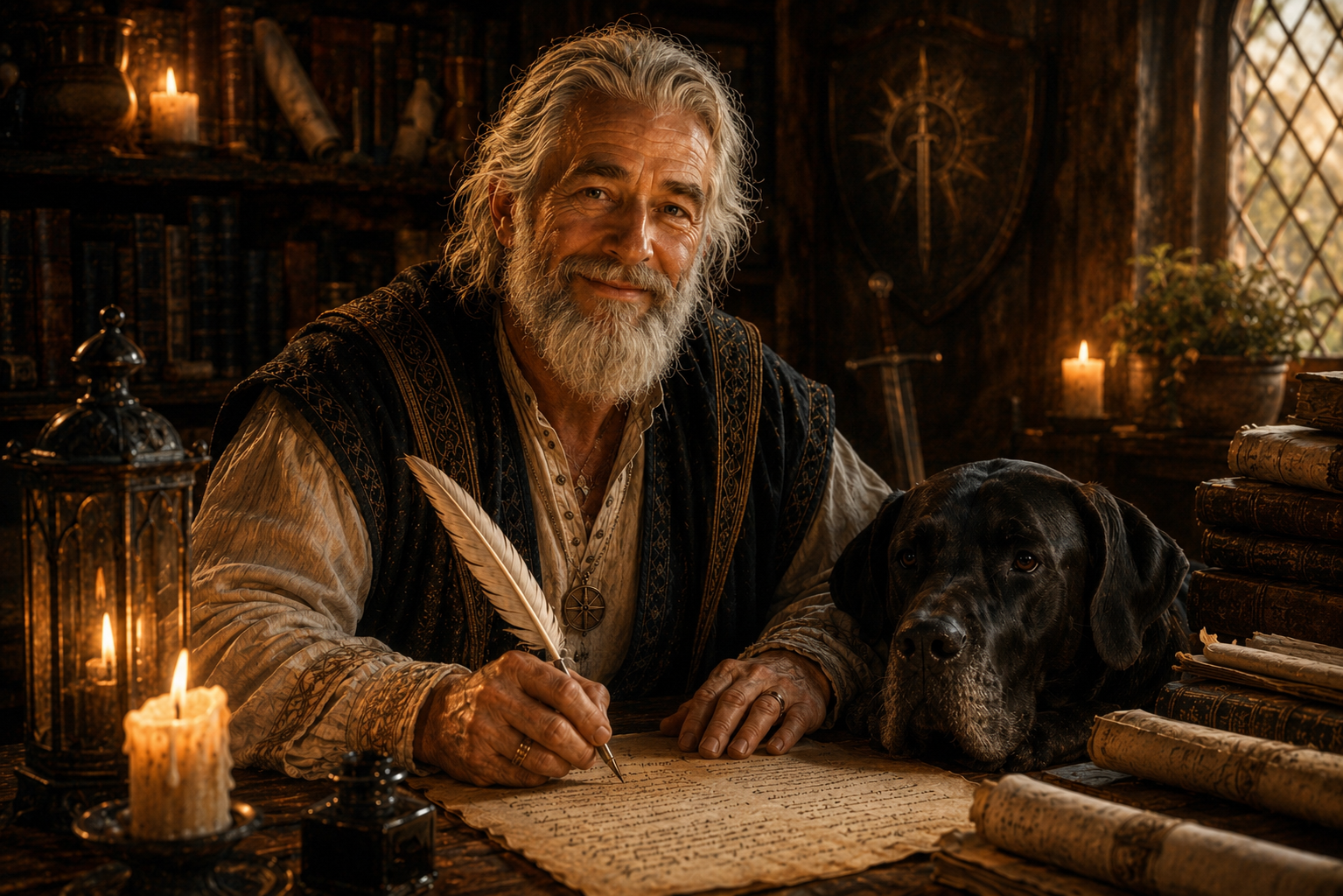 An elderly man with a white beard and long gray hair, dressed in medieval-style clothing, sits at a wooden desk with an open ancient scroll. He holds a quill and appears to be writing. A large black dog rests its head on the desk next to stacks of old books. The room is dimly lit by candles, with shelves of books, a sword, and a shield with a compass rose design on the wall in the background, and a window with a lattice pattern.