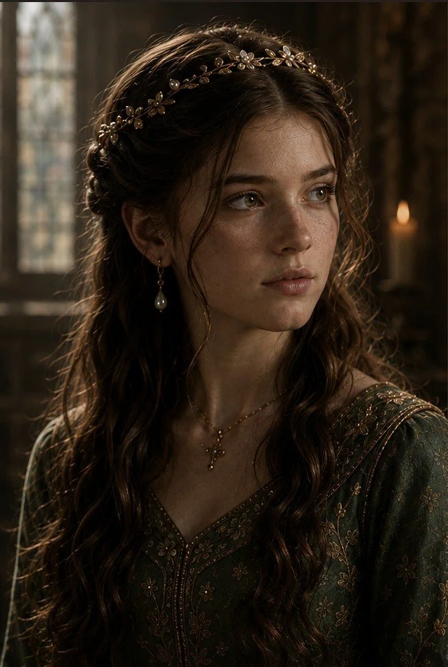 Young woman with long wavy brown hair wearing a floral headband and pearl earrings, with a green embroidered gown, inside a dimly lit room with candlelight.