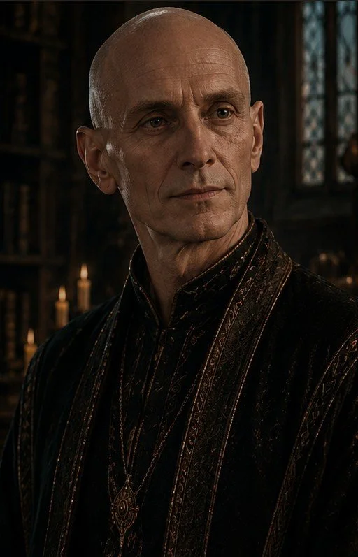 A bald man wearing a dark, ornate robe standing indoors with candlelight and stained glass windows in the background.