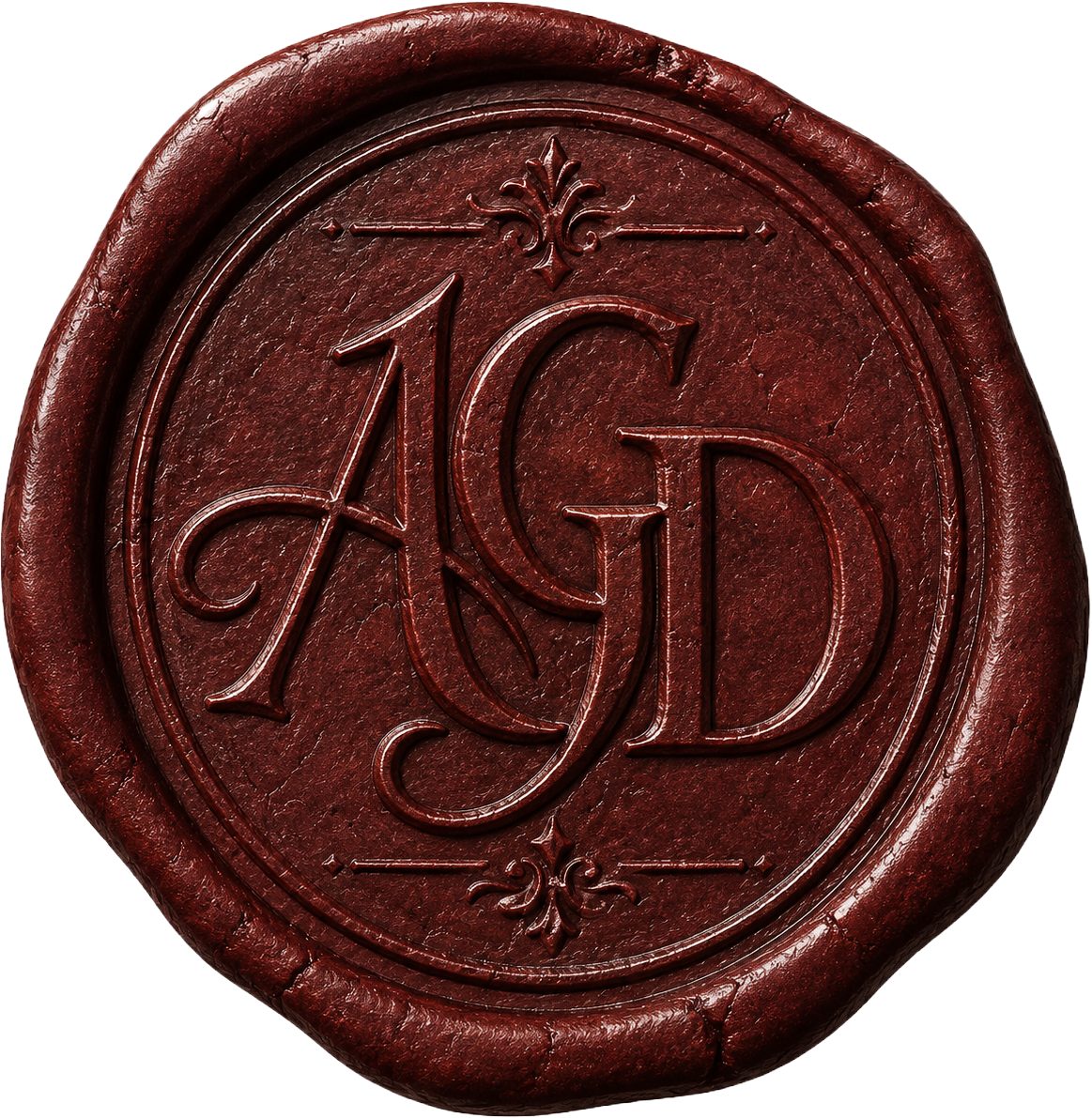 A red wax seal with embossed initials reading 'A G D' surrounded by a decorative border.