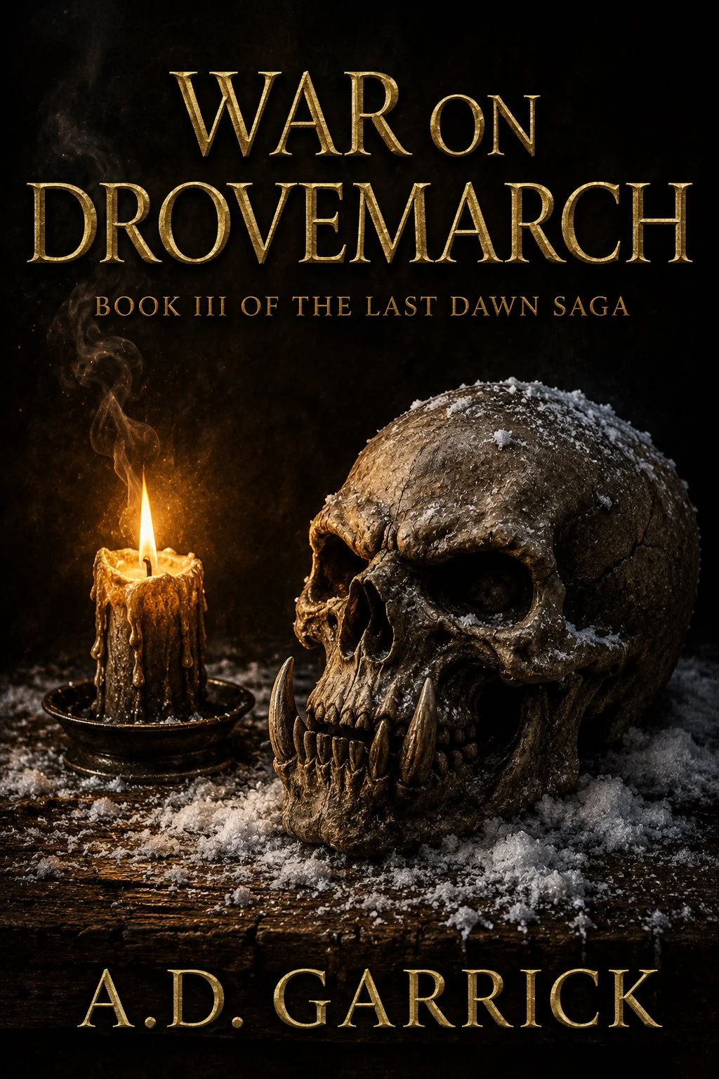 A book cover titled "War on Drovemarch" with the subtitle "Book III of the Last Dawn Saga" by A.D. Garrick. The cover features a human skull with a dusting of snow and a lit, melting candle on a dark background.