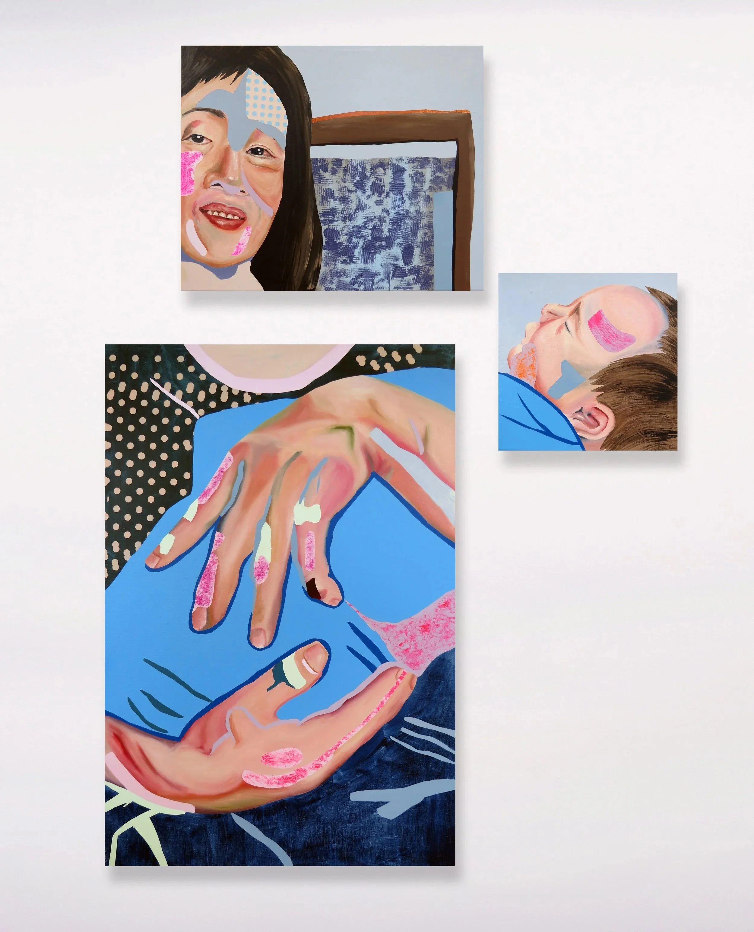 "What Gets Carried Forward," 2026, oil and acrylic on canvas, 16 x 20, 36 x 24, 12 x 12 in