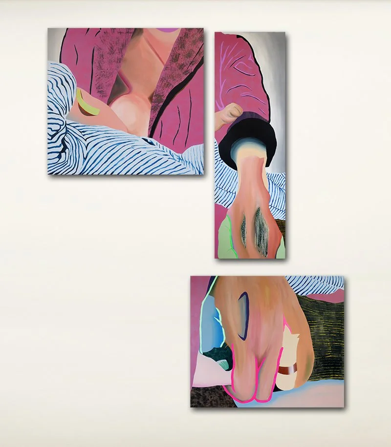Where Do Babies Come From? 2024, oil and acrylic on canvas, 30 x 32, 48 x 15, 30 x 35 in