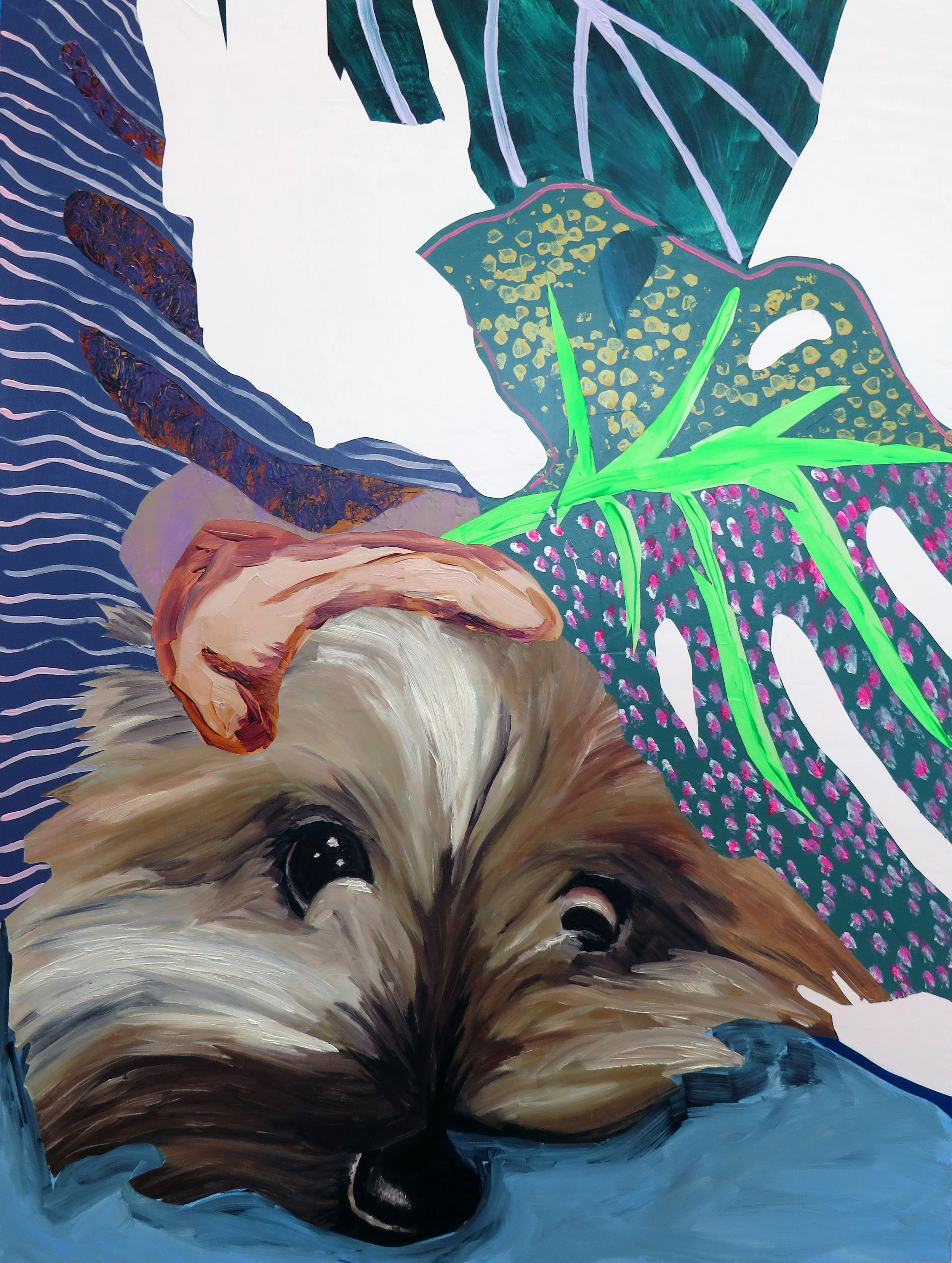 Petting My Dying Dog, 2025, oil and acrylic on canvas, 24 x 18 in