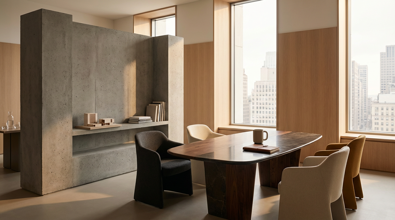 Modern executive conference room with a polished wood table, armchairs, and city views through large windows