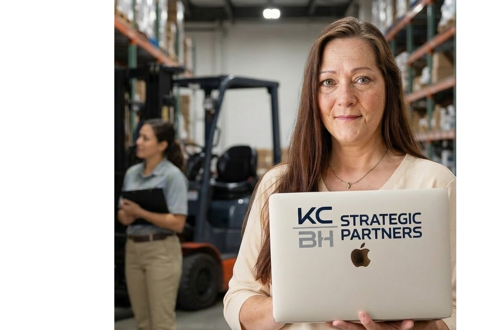 Kimberly Bradley-Hiatt, Founder of KCBH Strategic Partners, holding a branded laptop in an active 3PL warehouse facility with forklift and operations staff, representing warehouse management software and logistics consulting.
