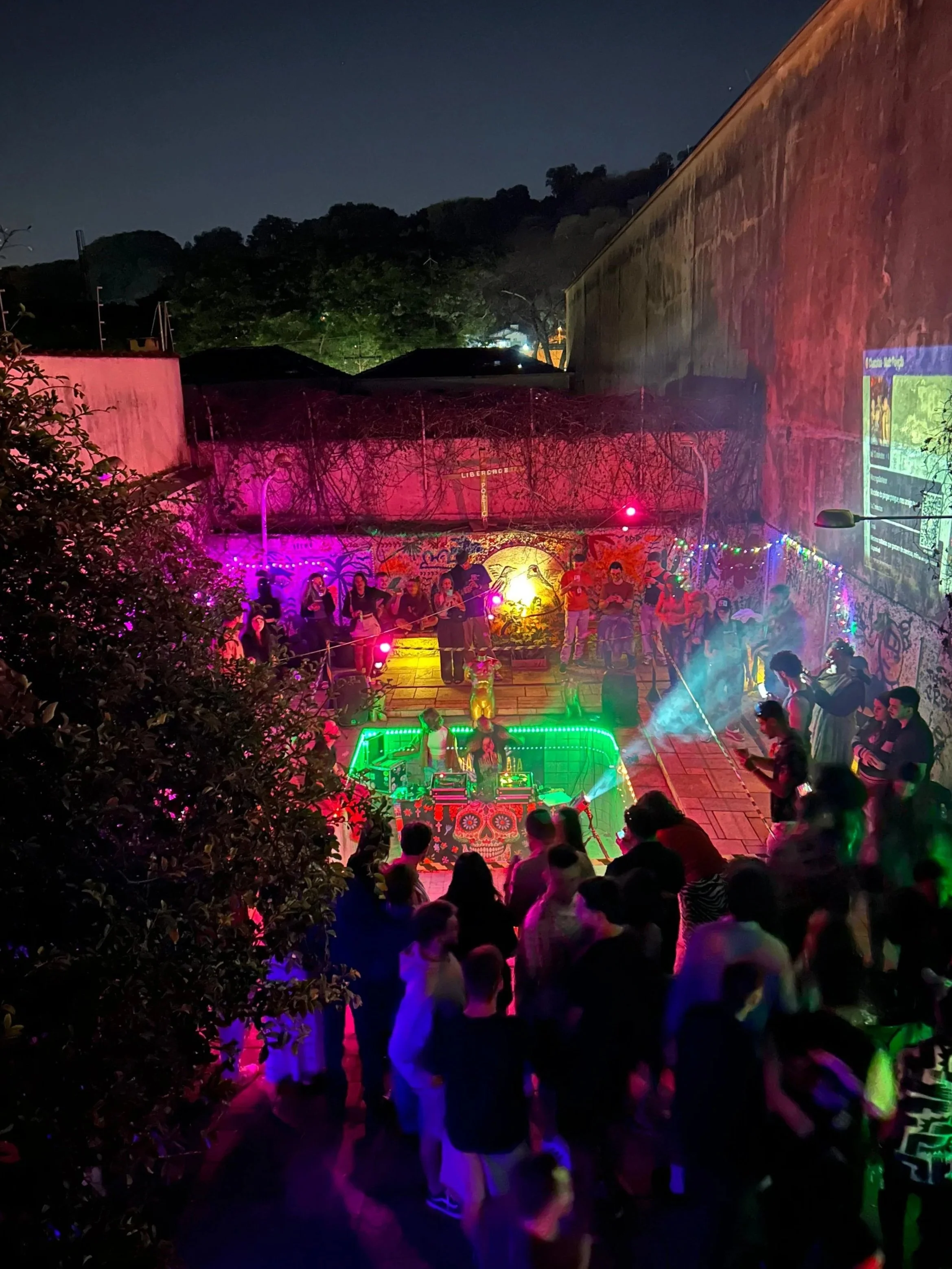 Pessoa em festa ao ar livre à noite, com luzes coloridas, DJ e uma multidão acompanhando a apresentação.