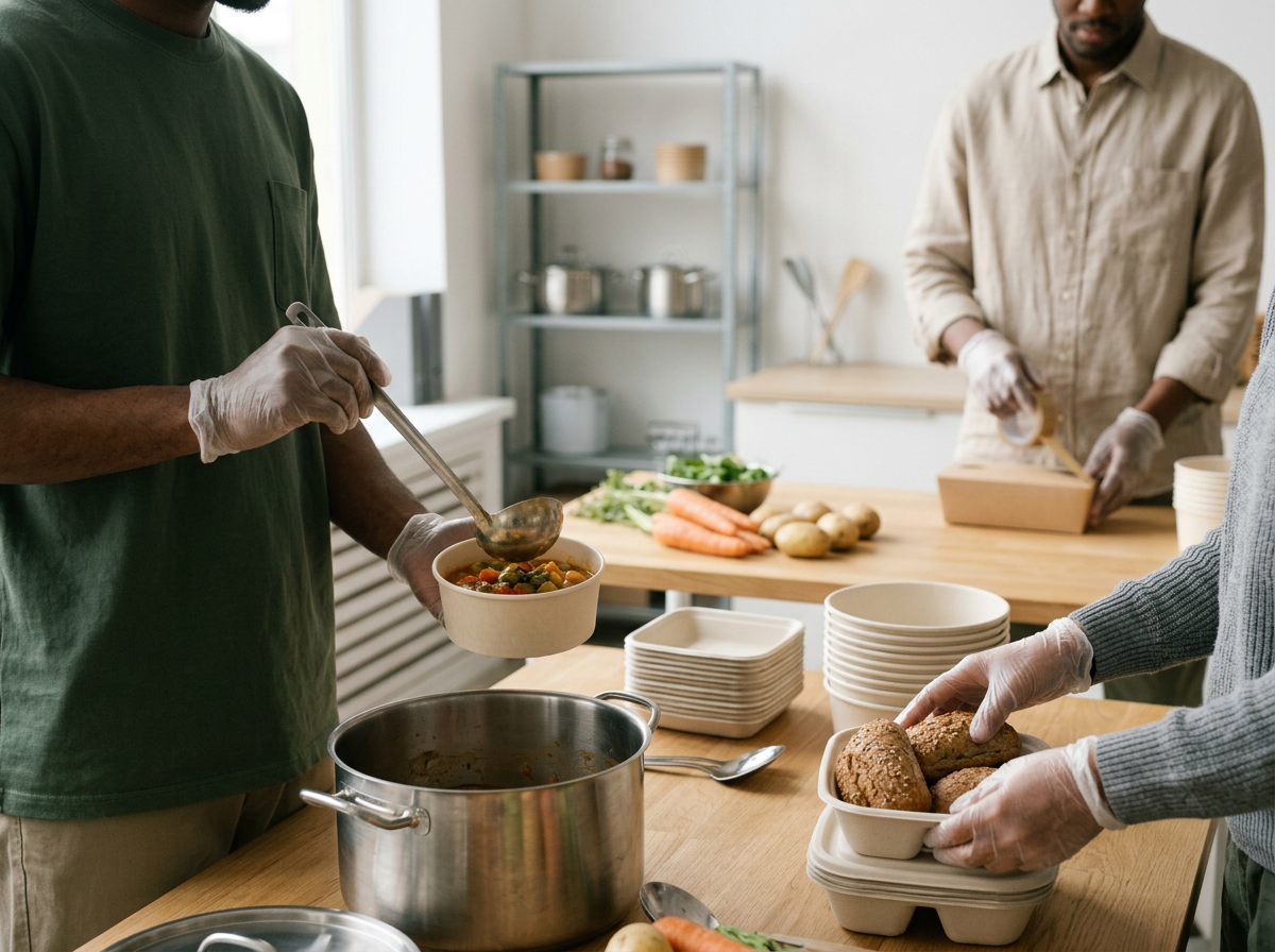 People serving food and preparing meals in a kitchen, with vegetables and baked goods on the counter.